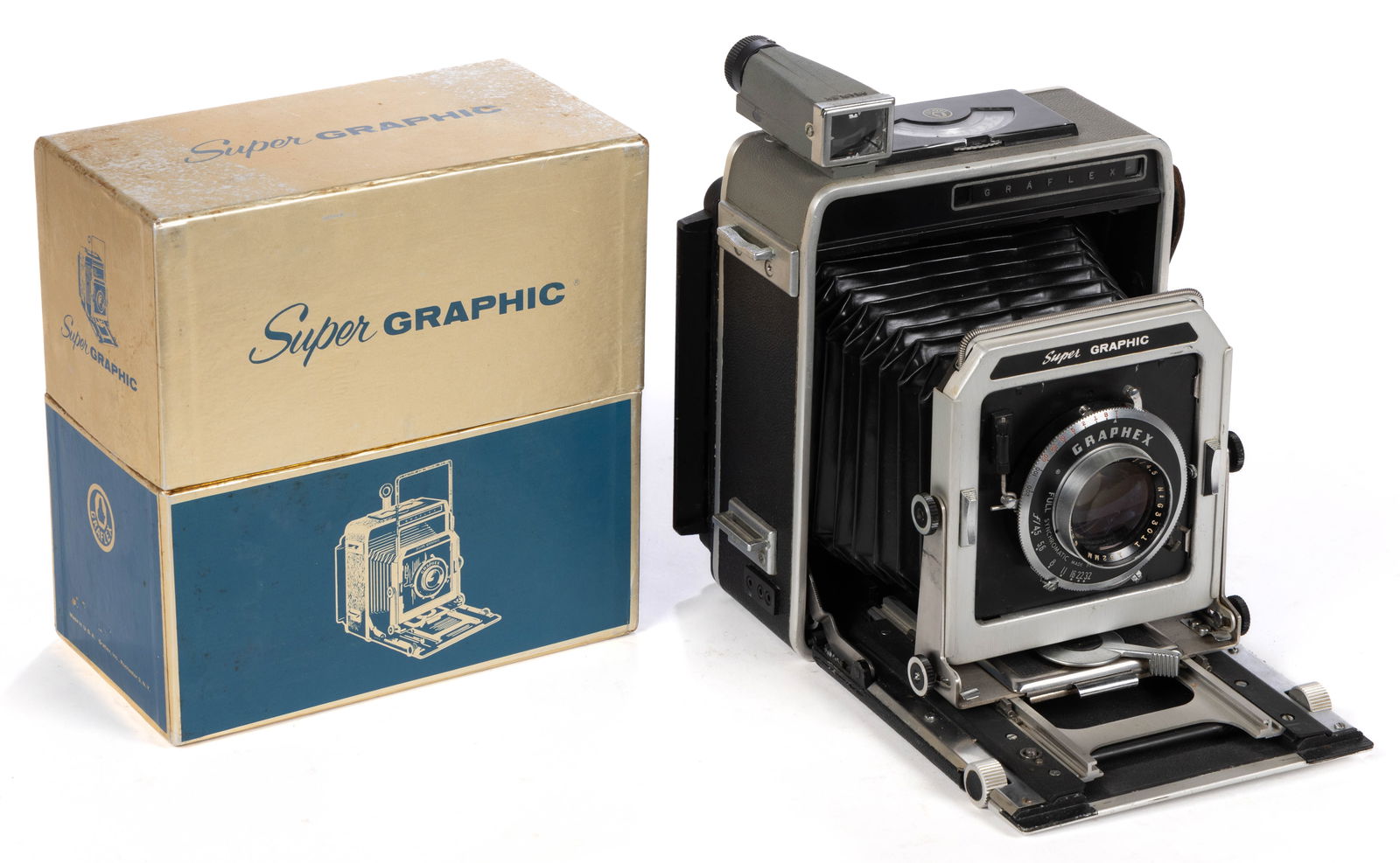 ANTIQUE / VINTAGE GRAFLEX, INC. SUPER GRAPHIC CAMERA: ANTIQUE / VINTAGE GRAFLEX, INC. SUPER GRAPHIC CAMERA, black/grey all-metal body and hardware, revolving Graflok back accepting 4" X 5" film currently with hinged-flap focusing hood