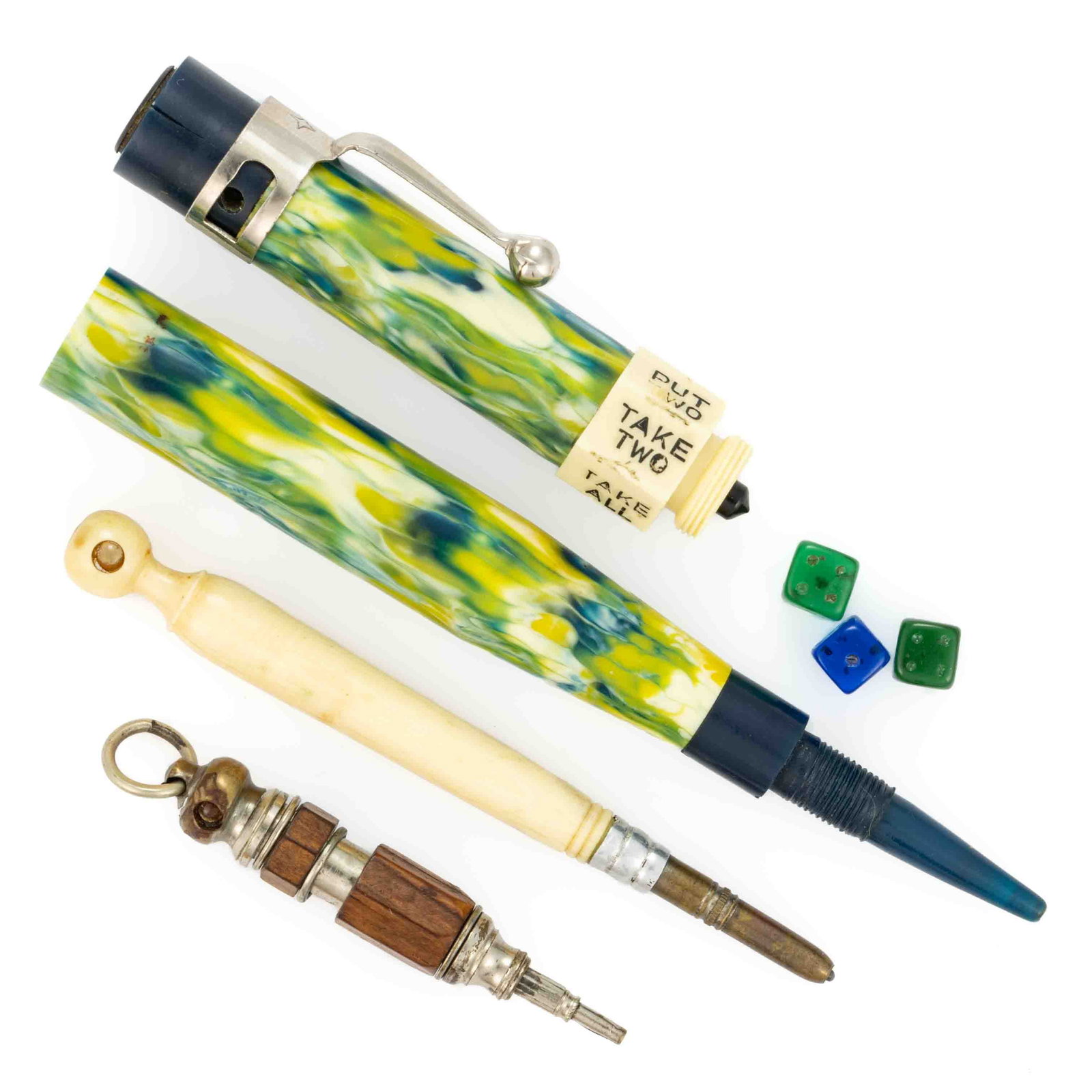 ANTIQUE / VINTAGE RISQUE NUDE STANHOPE MECHANICAL PENCILS, LOT OF THREE: ANTIQUE / VINTAGE RISQUE NUDE STANHOPE MECHANICAL PENCILS, LOT OF THREE, each with stanhope having one or two completely nude women, comprising a small pencil fob/chatelaine appendage with wooden acce