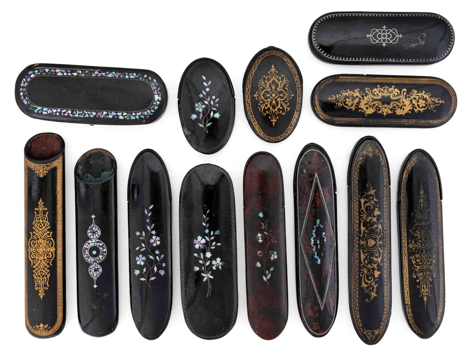 ASSORTED LACQUERED AND MOTHER-OF-PEARL INLAID SPECTACLES CASES, LOT OF 13 (1 of 1)