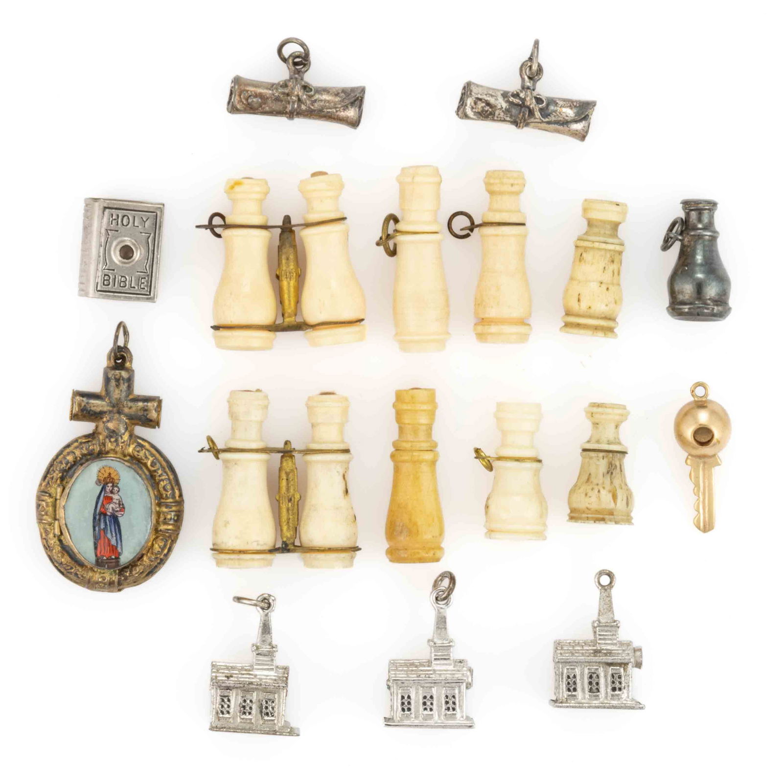 ANTIQUE / VINTAGE RELIGIOUS AND RELATED STANHOPE STERLING SILVER AND OTHER MATERIALS CHARMS AND (1 of 1)