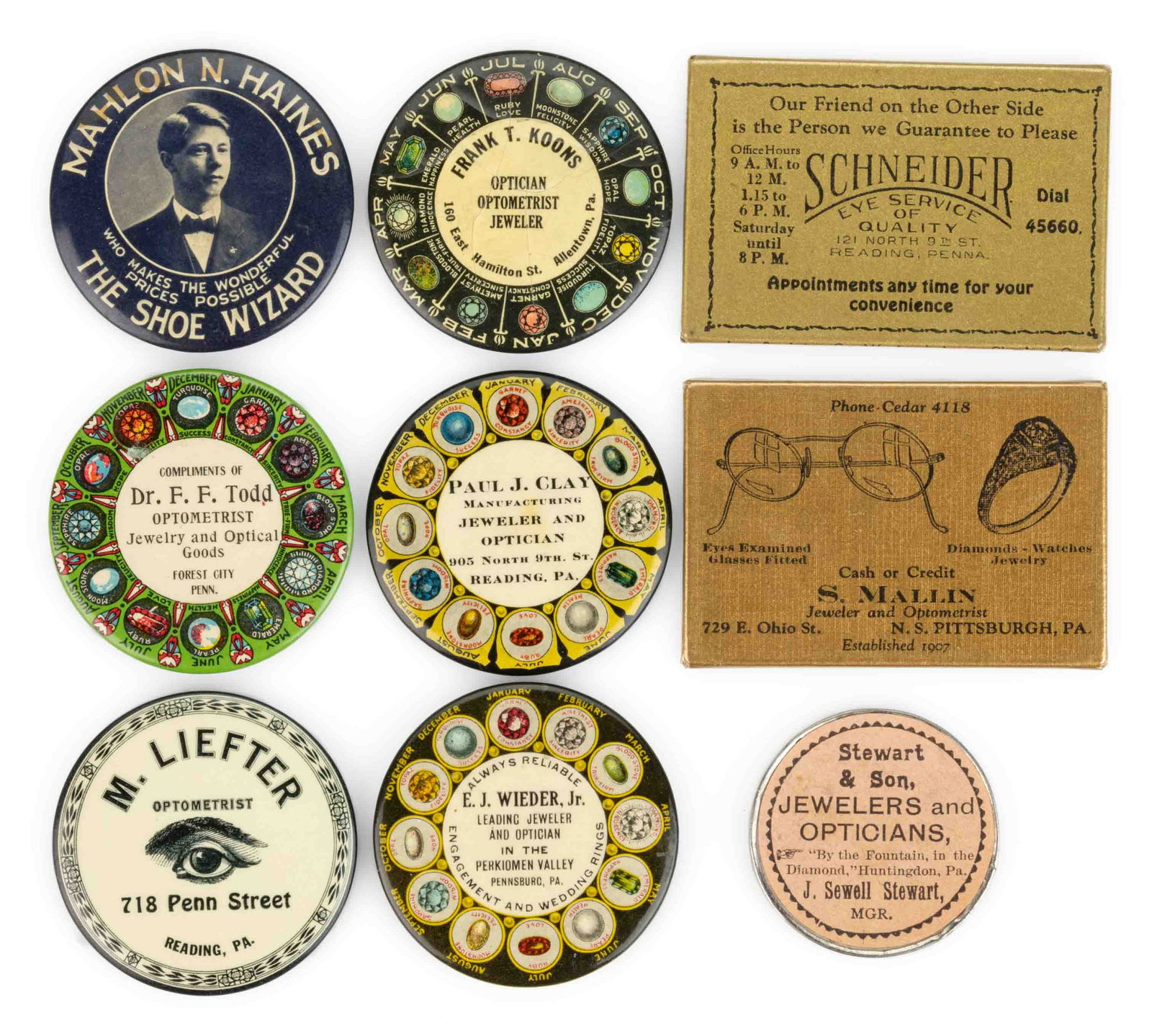 PENNSYLVANIA OPTOMETRIST ADVERTISING POCKET MIRRORS, LOT OF EIGHT (1 of 1)