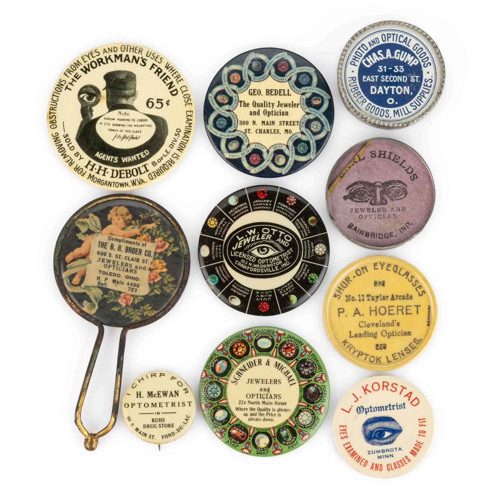 ASSORTED MIDWESTERN OPTOMETRIST ADVERTISING POCKET MIRRORS / ARTICLES, LOT OF TEN (1 of 1)