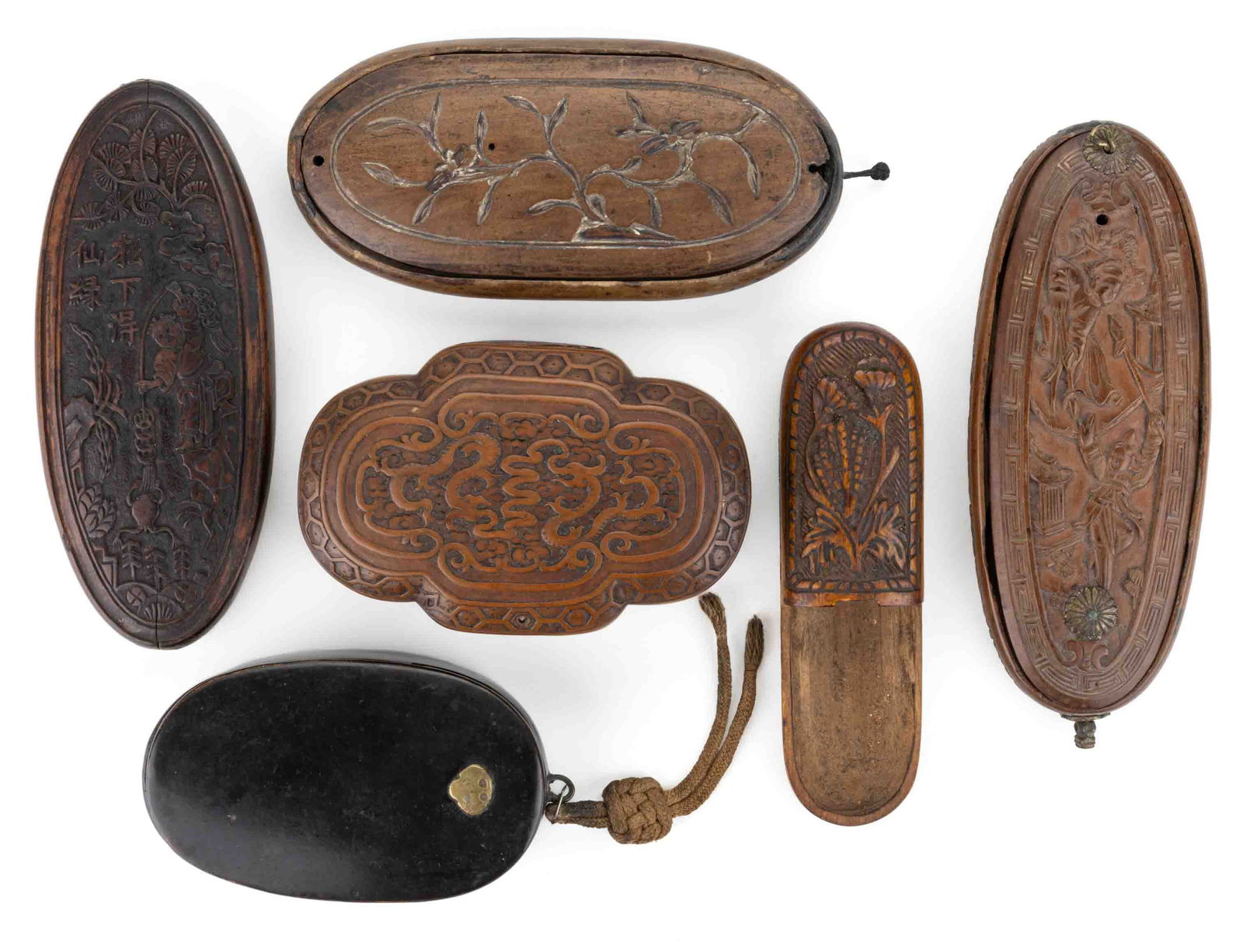 ASSORTED CHINESE CARVED BOXWOOD SPECTACLES CASES, LOT OF SIX (1 of 1)