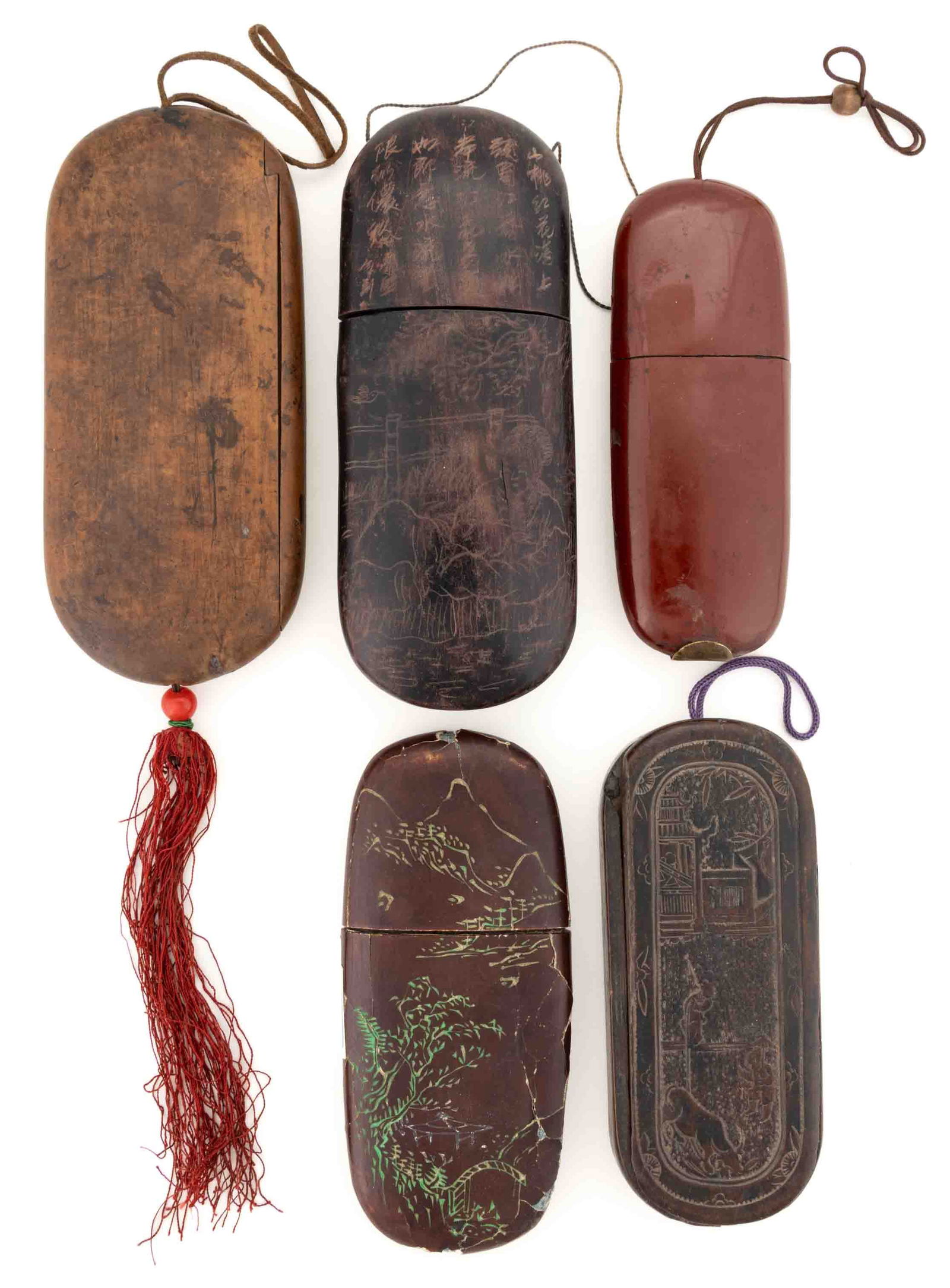 ASSORTED CHINESE CARVED / DECORATED SPECTACLES CASES, LOT OF FIVE (1 of 2)
