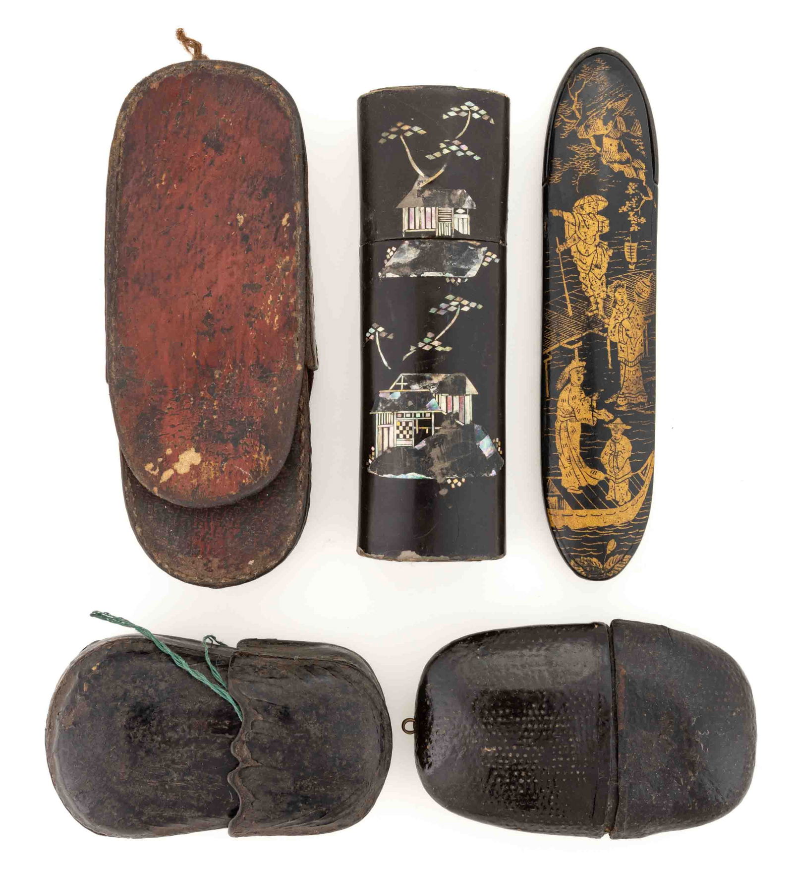 ASSORTED CHINESE LACQUERED / DECORATED SPECTACLES CASES, LOT OF FIVE (1 of 2)