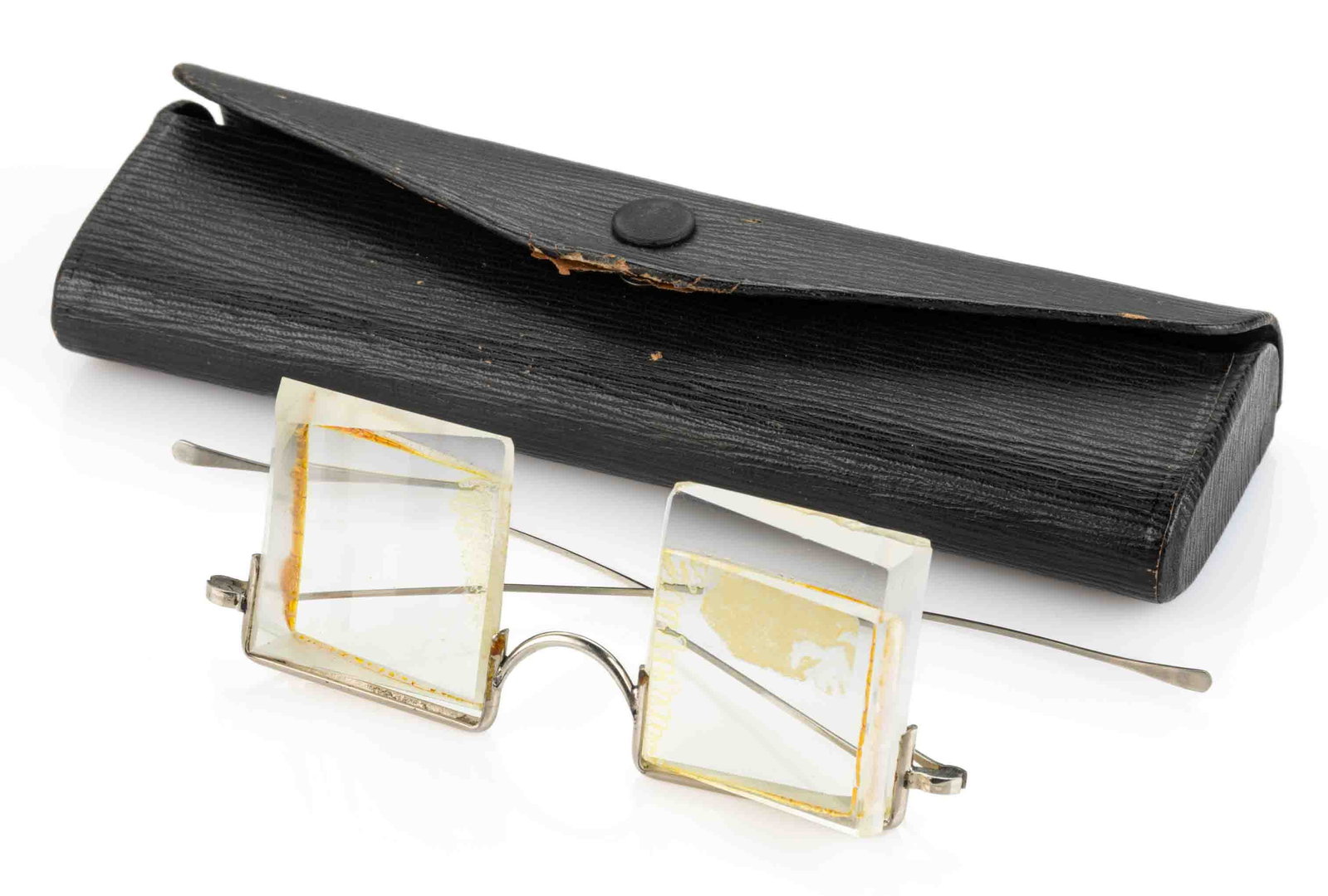 OCULAR DEVIATION MEDICAL TREATMENT / PRISM LENS SPECTACLES: OCULAR DEVIATION MEDICAL TREATMENT / PRISM LENS SPECTACLES, unusual and extraordinarily thick cut-and-polished colorless crystal/glass prisms glued together via old discolored adhesive, prism lenses r