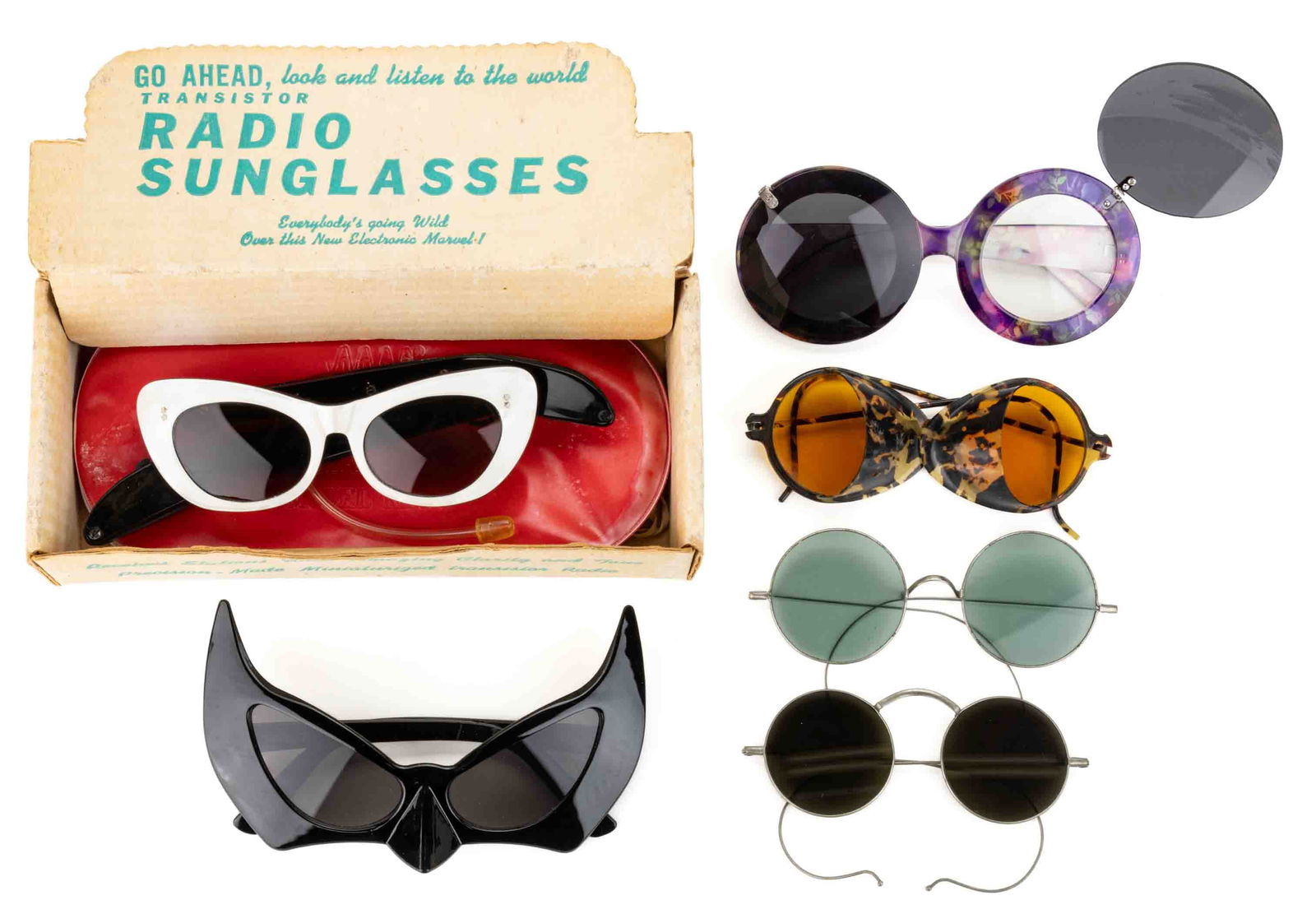 ASSORTED SUNGLASSES / NOVELTY SPECTACLES, LOT OF SIX: ASSORTED SUNGLASSES / NOVELTY SPECTACLES, LOT OF SIX, including a celluloid/plastic Ross Radio Spectacles set in original box with manual and a headphone attachment for listening to the "Miniatur