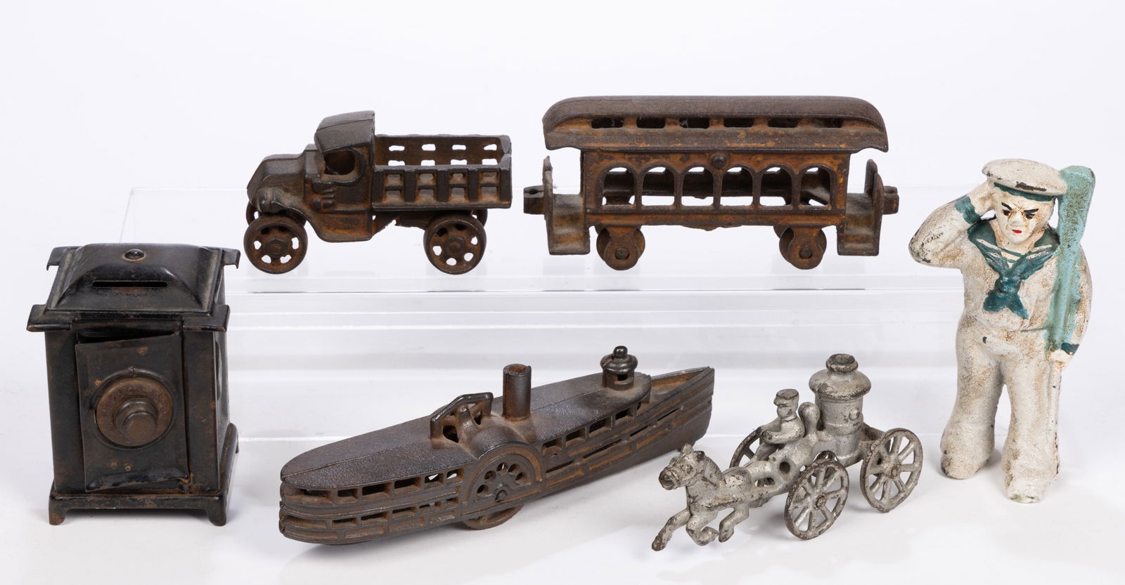 ASSORTED CAST-IRON BANKS AND TOYS, LOT OF SIX (1 of 2)