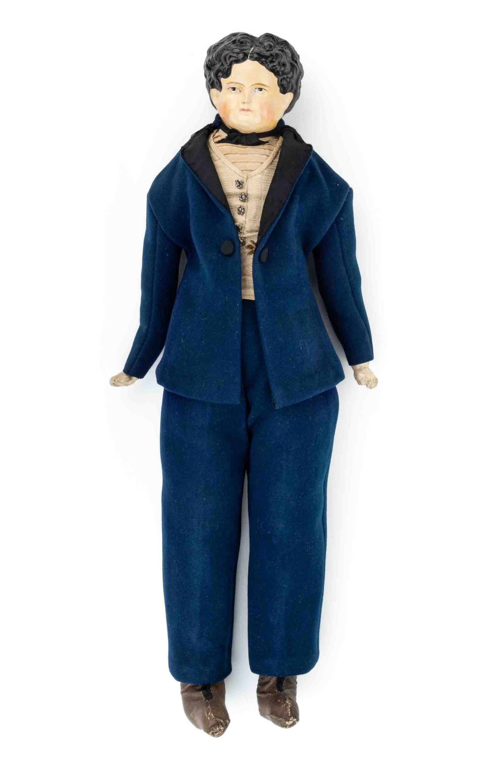 PAPIER MACHE YOUNG MAN DOLL: PAPIER MACHE YOUNG MAN DOLL, shoulder plate head, hand-painted facial features including blue eyes, eyebrows, and a pink closed mouth, cloth stuffed torso body with shoulder joints