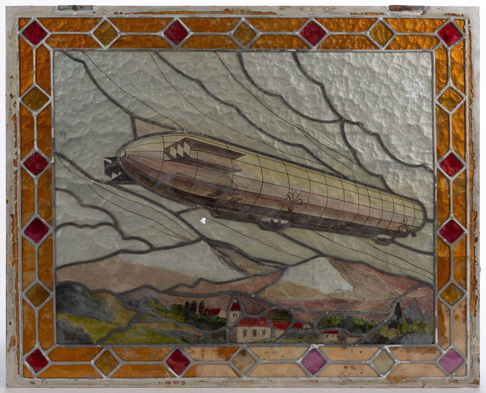 REVERSE PAINTED HAFEN ZEPPELIN GLASS WINDOW (1 of 2)