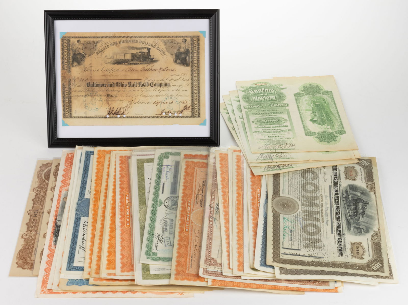 ASSORTED ANTIQUE / VINTAGE RAILROAD STOCK CERTIFICATES / BONDS, LOT OF 69 +/- (1 of 1)