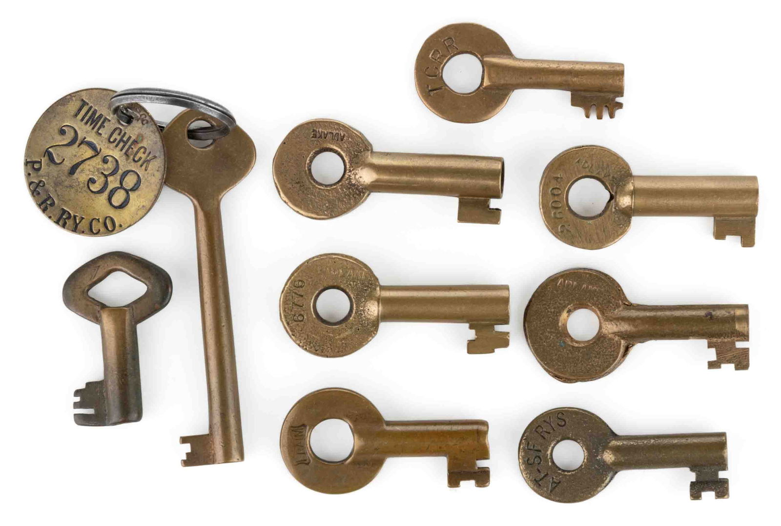 ASSORTED RAILROAD BRASS KEYS, LOT OF NINE (1 of 1)