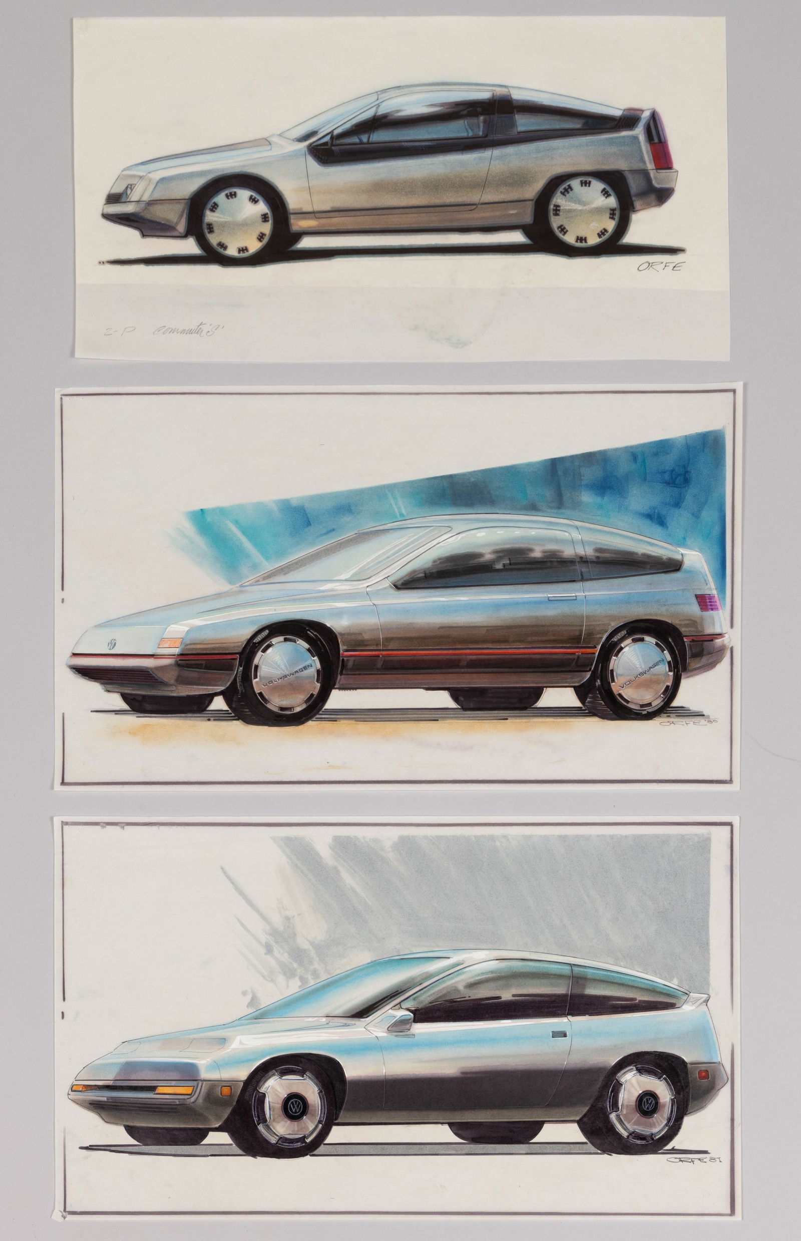 JOHN ORFE (AMERICAN, 20TH CENTURY) ORIGINAL AUTOMOTIVE CONCEPT DRAWINGS FOR VOLKSWAGEN, LOT OF THREE (1 of 4)