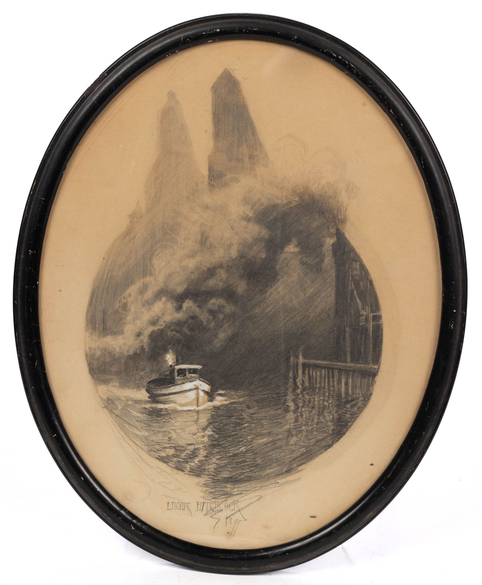 LUCIUS WALCOTT HITCHCOCK (AMERICAN 1868-1942) BOAT SCENE CHARCOAL DRAWING (1 of 3)
