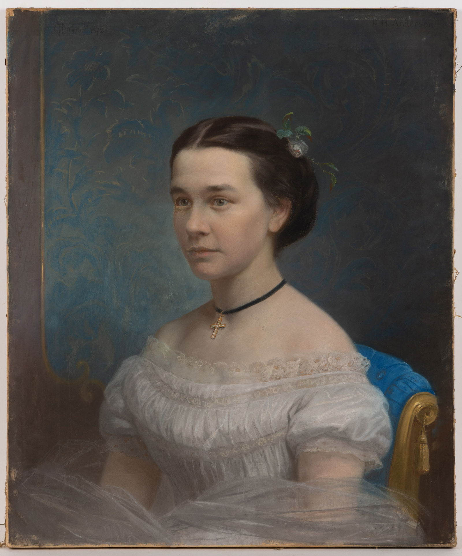 JOHN DABOUR (MARYLAND, 1837-1905) PORTRAIT OF A YOUNG WOMAN WITH RICHMOND, VIRGINIA ASSOCIATION: JOHN DABOUR (MARYLAND, 1837-1905) PORTRAIT OF A YOUNG WOMAN WITH RICHMOND, VIRGINIA ASSOCIATION, pastel on paper, mounted to canvas, depicts a young woman wearing a white lacy off-the-shoulder dr