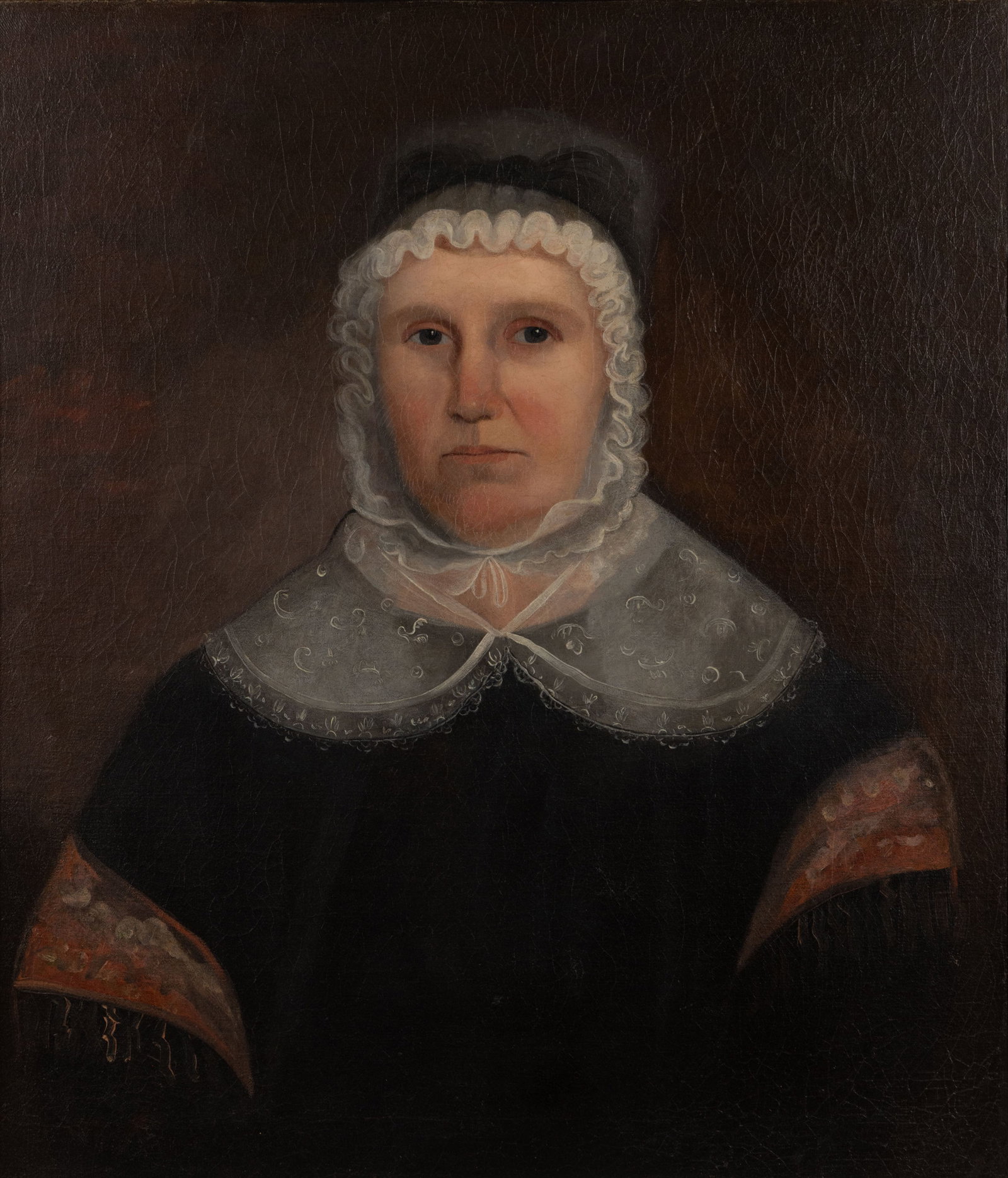 AMERICAN SCHOOL (19TH CENTURY) PORTRAIT OF A LADY WITH VIRGINIA ASSOCIATION: AMERICAN SCHOOL (19TH CENTURY) PORTRAIT OF A LADY WITH VIRGINIA ASSOCIATION, oil on canvas, depicts a bust-length portrait of a woman in a lace bonnet, historically identified as Mrs. Elizabeth H