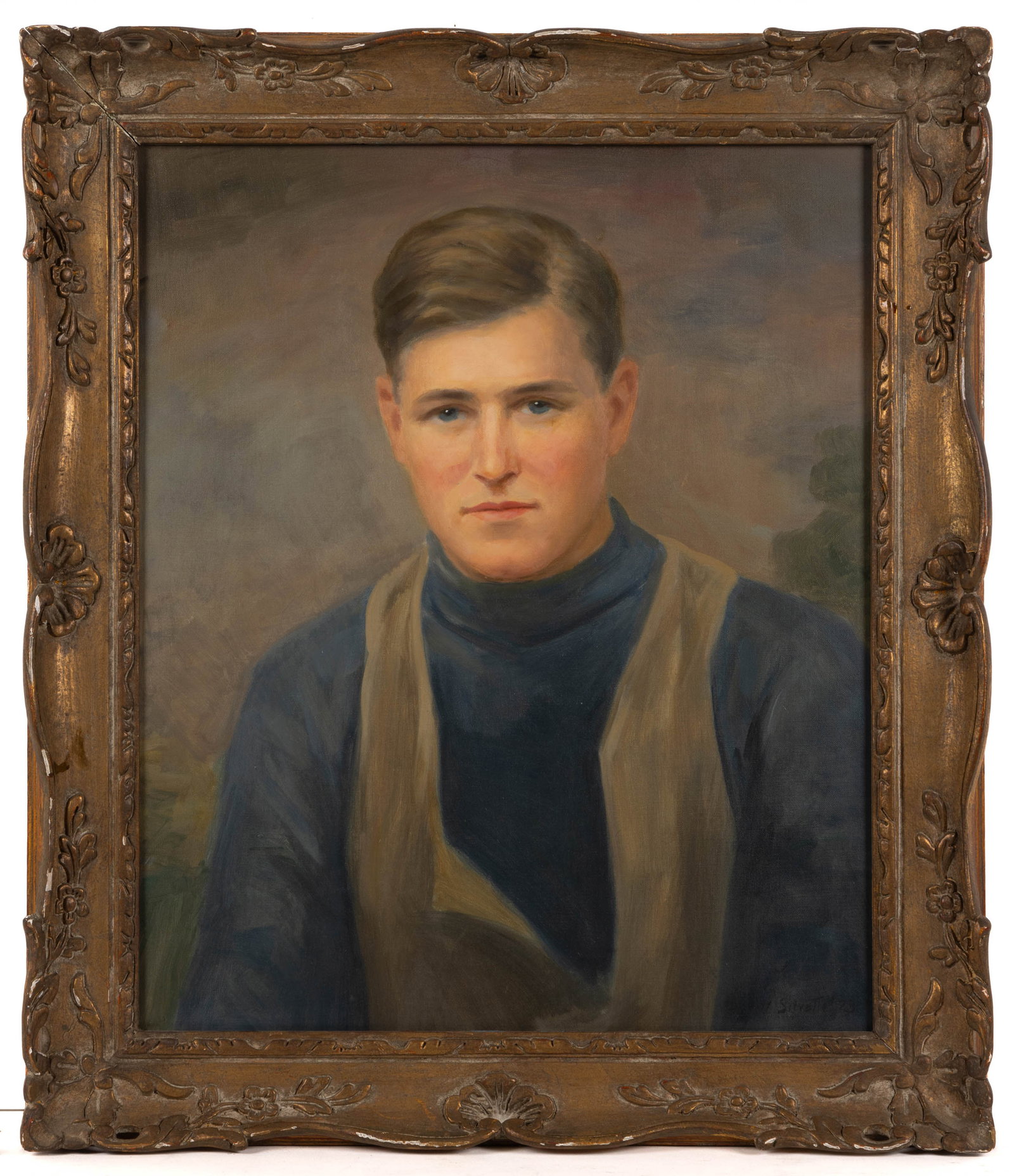 DAVID SILVETTE (VIRGINIA, 1909-1992) PORTRAIT OF A YOUNG MAN: DAVID SILVETTE (VIRGINIA, 1909-1992) PORTRAIT OF A YOUNG MAN, oil on canvas, a waist length depiction of a young man in a turtleneck sweater and brown vest, history of being possibly a portrait of Lan