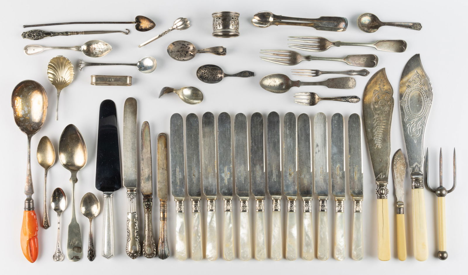 ASSORTED STERLING, SILVER-PLATED, AND OTHER FLATWARE AND ARTICLES, LOT OF 43 (1 of 2)