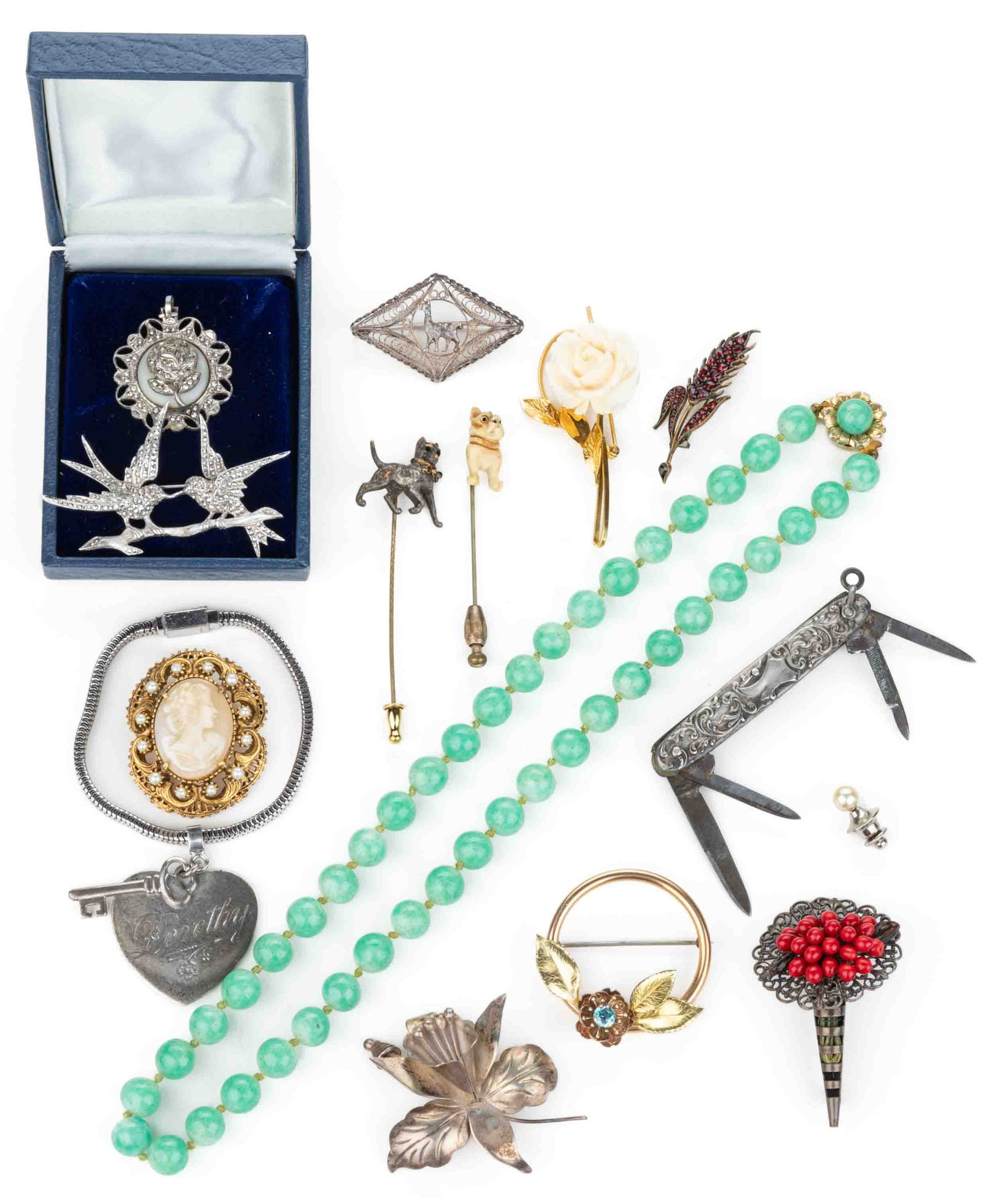 ANTIQUE / VINTAGE STERLING SILVER AND OTHER COSTUME JEWELRY AND POCKET KNIFE, LOT OF 15 (1 of 1)