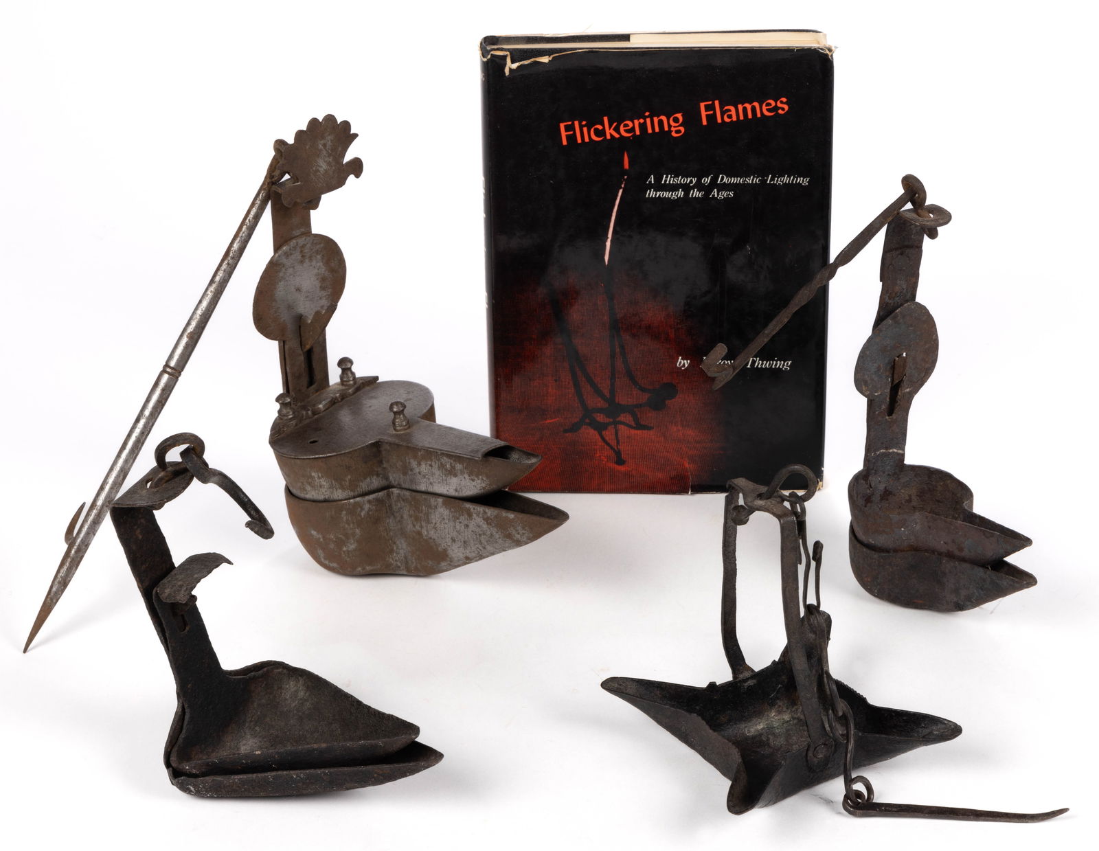 ASSORTED WROUGHT-IRON AND STEEL CRUSIES AND PAN LAMPS, LOT OF FOUR (1 of 2)