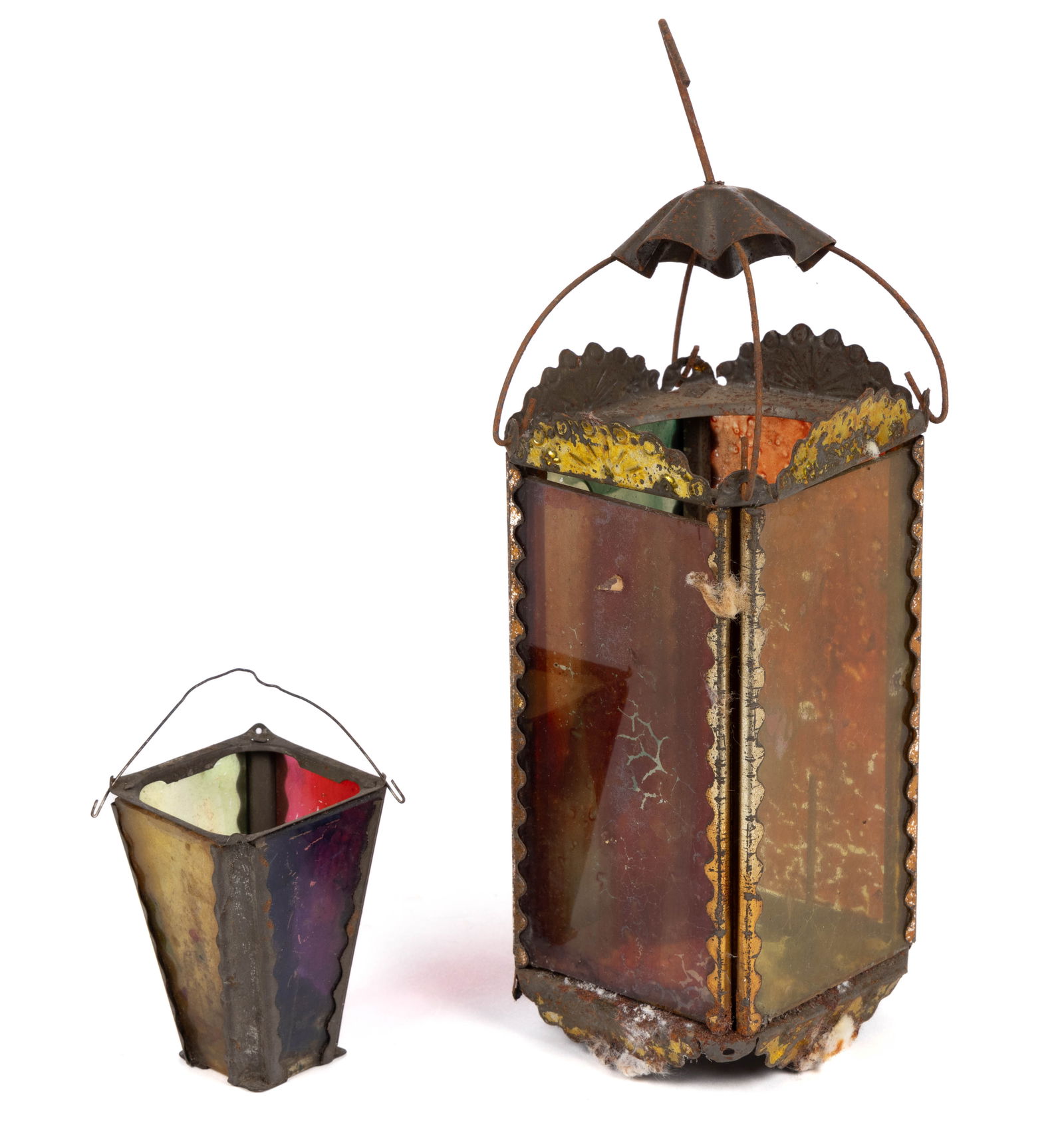 ASSORTED VICTORIAN SHEET-IRON / TIN AND STAINED PANE CANDLE LANTERNS, LOT OF TWO (1 of 2)