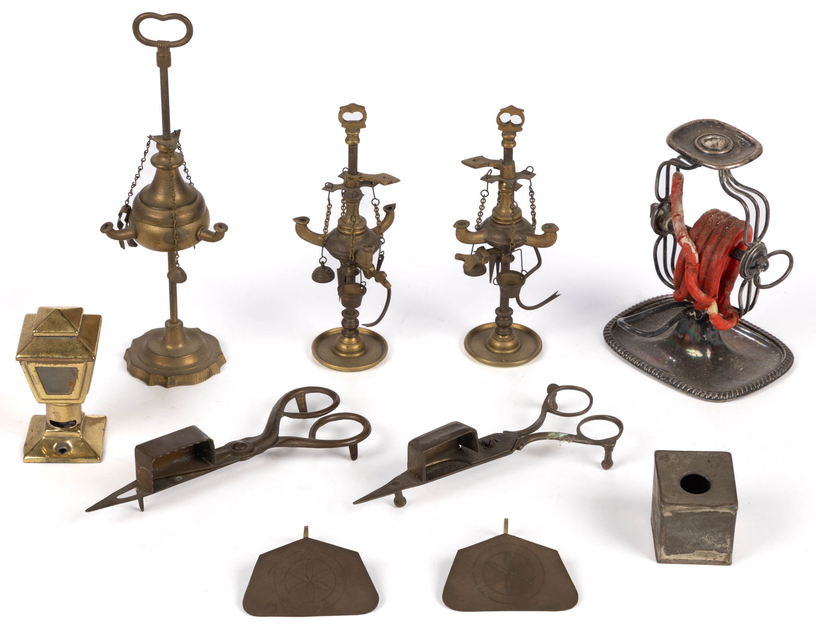 ASSORTED BRASS CANDLE AND LAMP ARTICLES, LOT OF SEVEN (1 of 1)