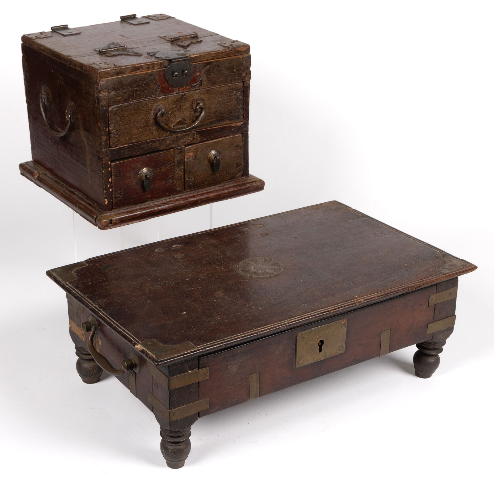 ASIAN WOODEN BOXES WITH BRASS ACCENTS, LOT OF TWO (1 of 8)