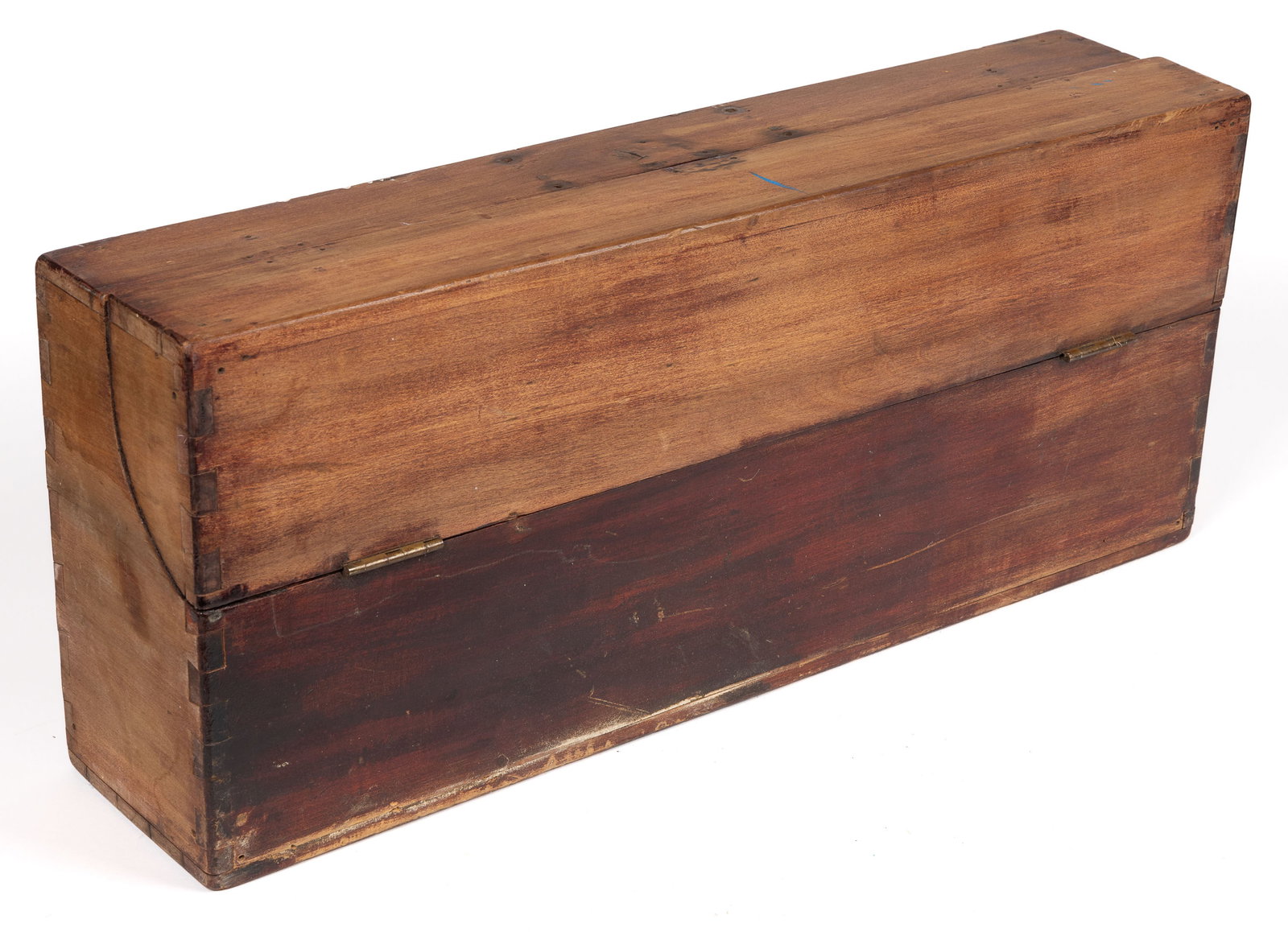DOVETAILED BOX-FORM DESK WITH LID: DOVETAILED BOX-FORM DESK WITH LID, poplar, dovetailed construction, red-stain to interior and section of exterior, interior divided in multiple sections one of which has a hinged cover. 19th century. 