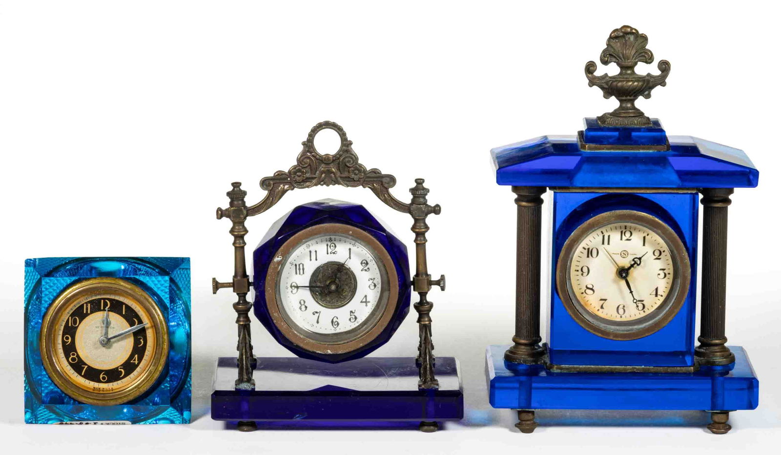 PRESSED / CUT GLASS DESK OR MANTEL CLOCKS, LOT OF THREE (1 of 2)