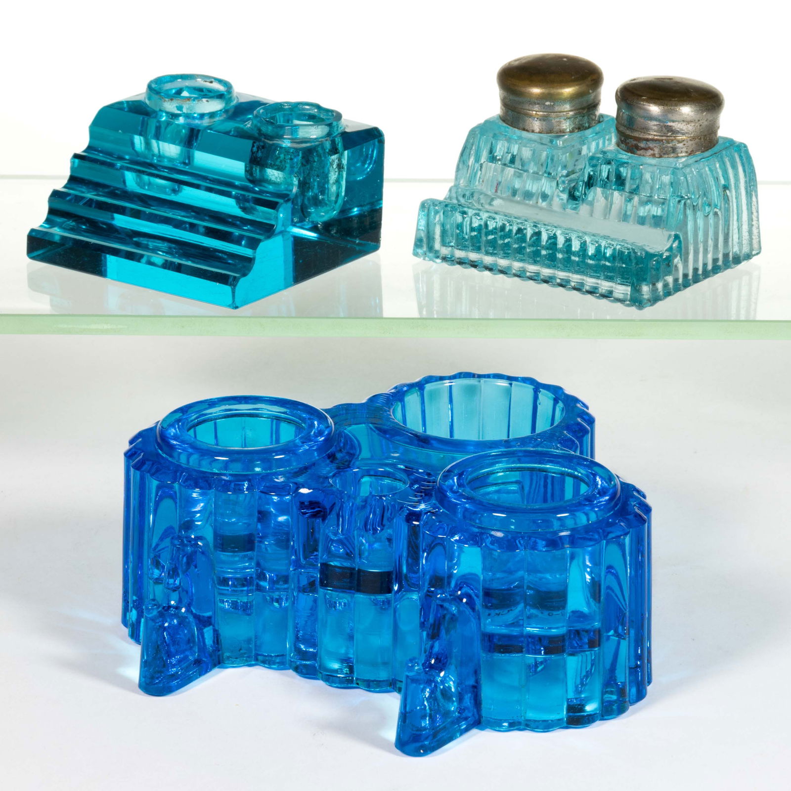 VICTORIAN PRESSED / CUT GLASS DOUBLE OR TRIPLE INKWELLS, LOT OF THREE (1 of 1)