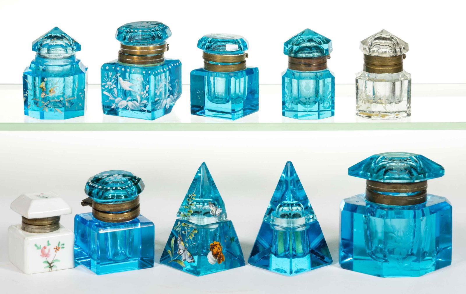 ASSORTED PRESSED / CUT AND ENAMEL DECORATED OR ENGRAVED VICTORIAN GLASS INKWELLS, LOT OF NINE (1 of 1)