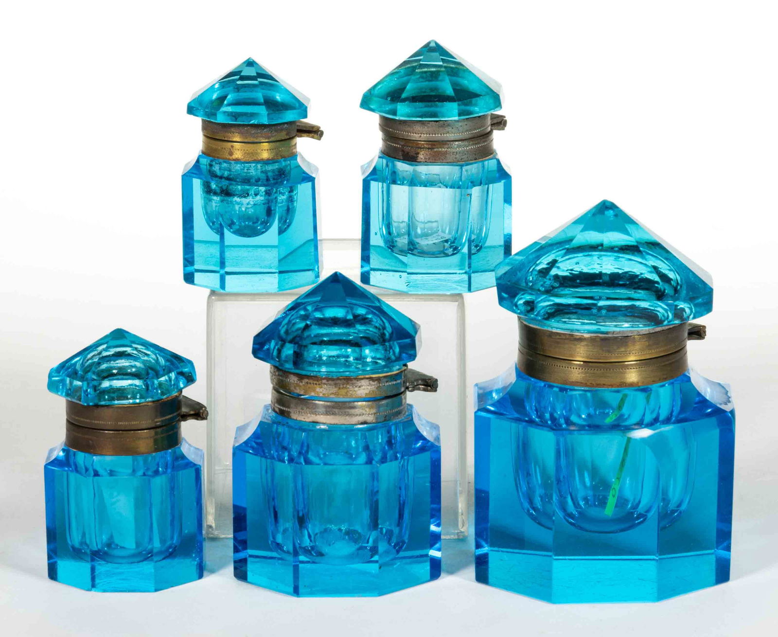 PRESSED / CUT VICTORIAN GLASS OCTAGONAL INKWELLS, LOT OF FIVE (1 of 1)