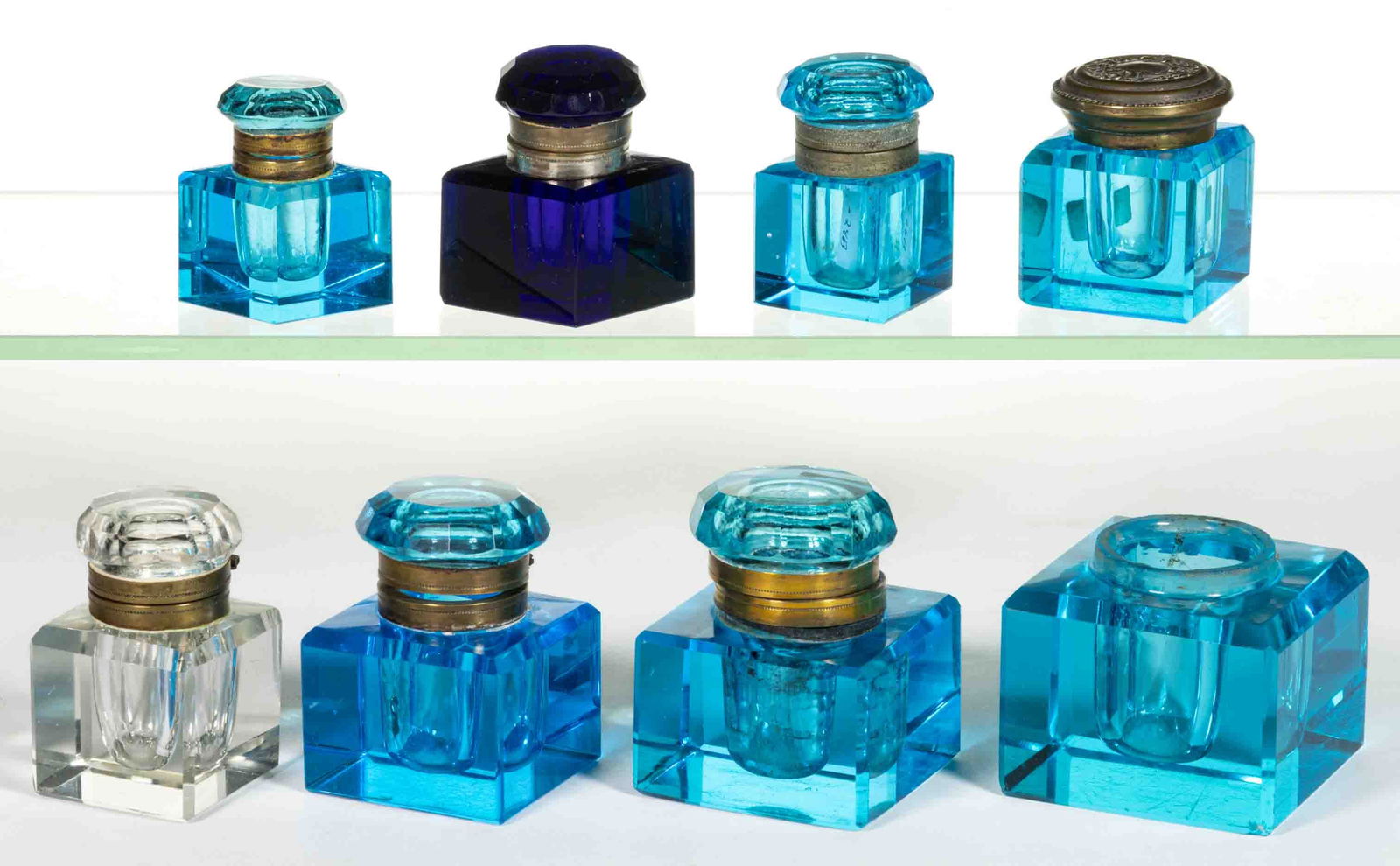 ASSORTED PRESSED / CUT VICTORIAN GLASS INKWELLS, LOT OF EIGHT (1 of 1)