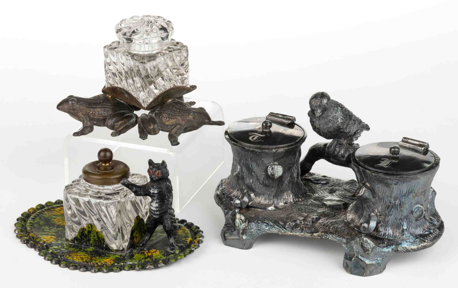 ANTIQUE ANIMAL FIGURAL SILVER-PLATED AND METAL INKWELLS AND INKSTAND, LOT OF THREE (1 of 1)