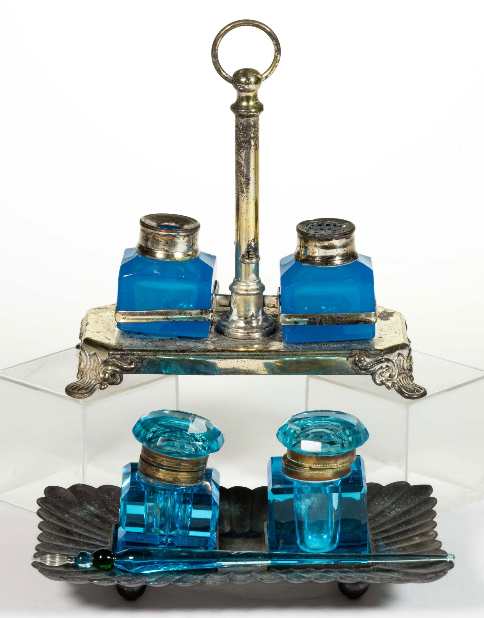 ASSORTED VICTORIAN METAL AND GLASS INKWELLS / INK STANDS, LOT OF TWO (1 of 1)