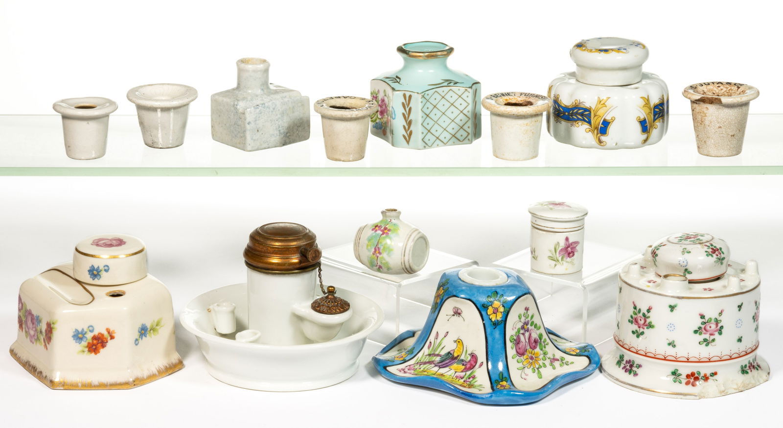 ASSORTED PORCELAIN / CERAMIC INKWELLS AND OTHER DESK ARTICLES, LOT OF 14 (1 of 1)