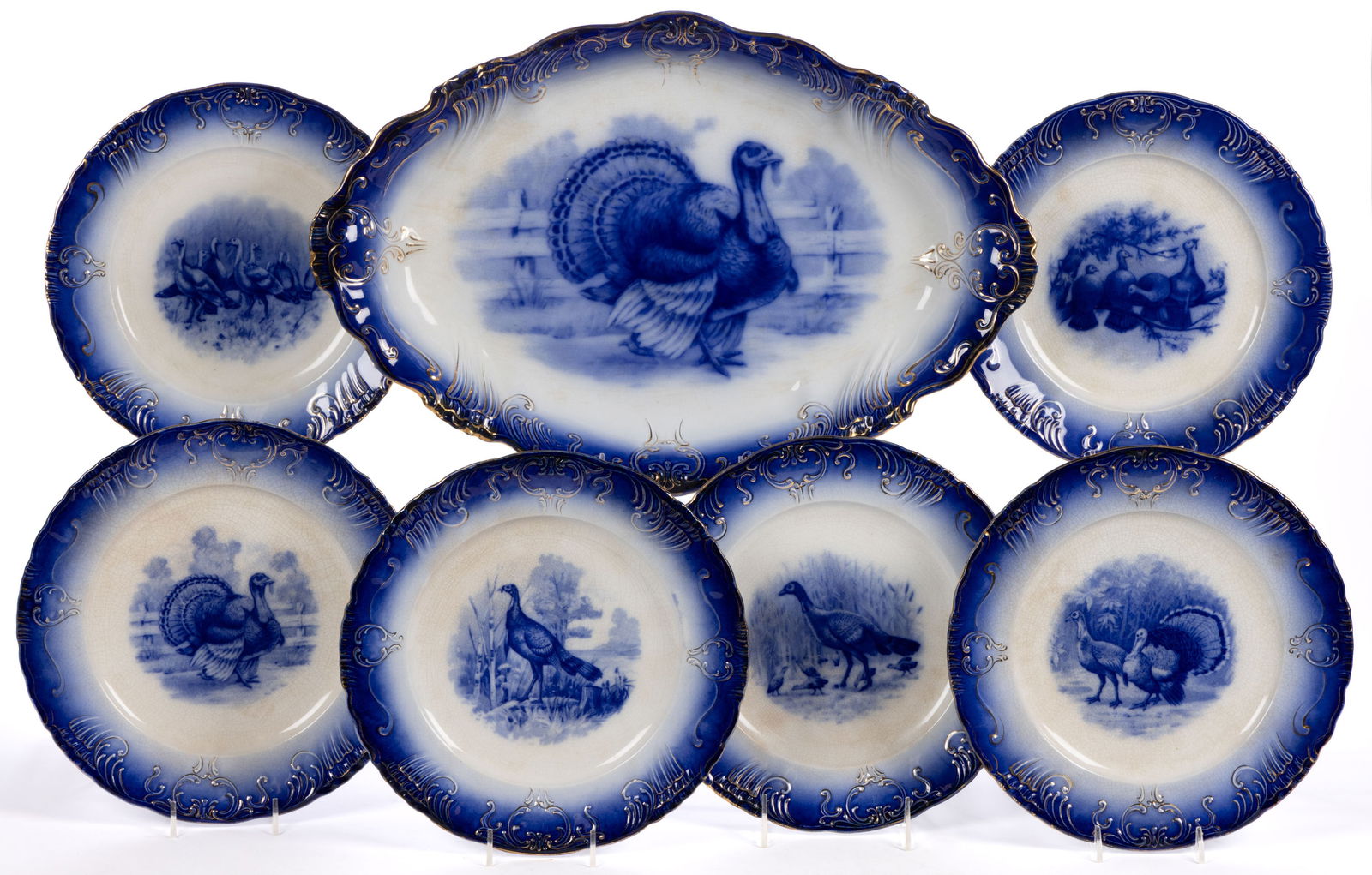 LA BELLE CHINA, WHEELING POTTERY, WEST VIRGINIA FLOW BLUE TURKEY MOTIF SEVEN-PIECE TABLE SET (1 of 1)