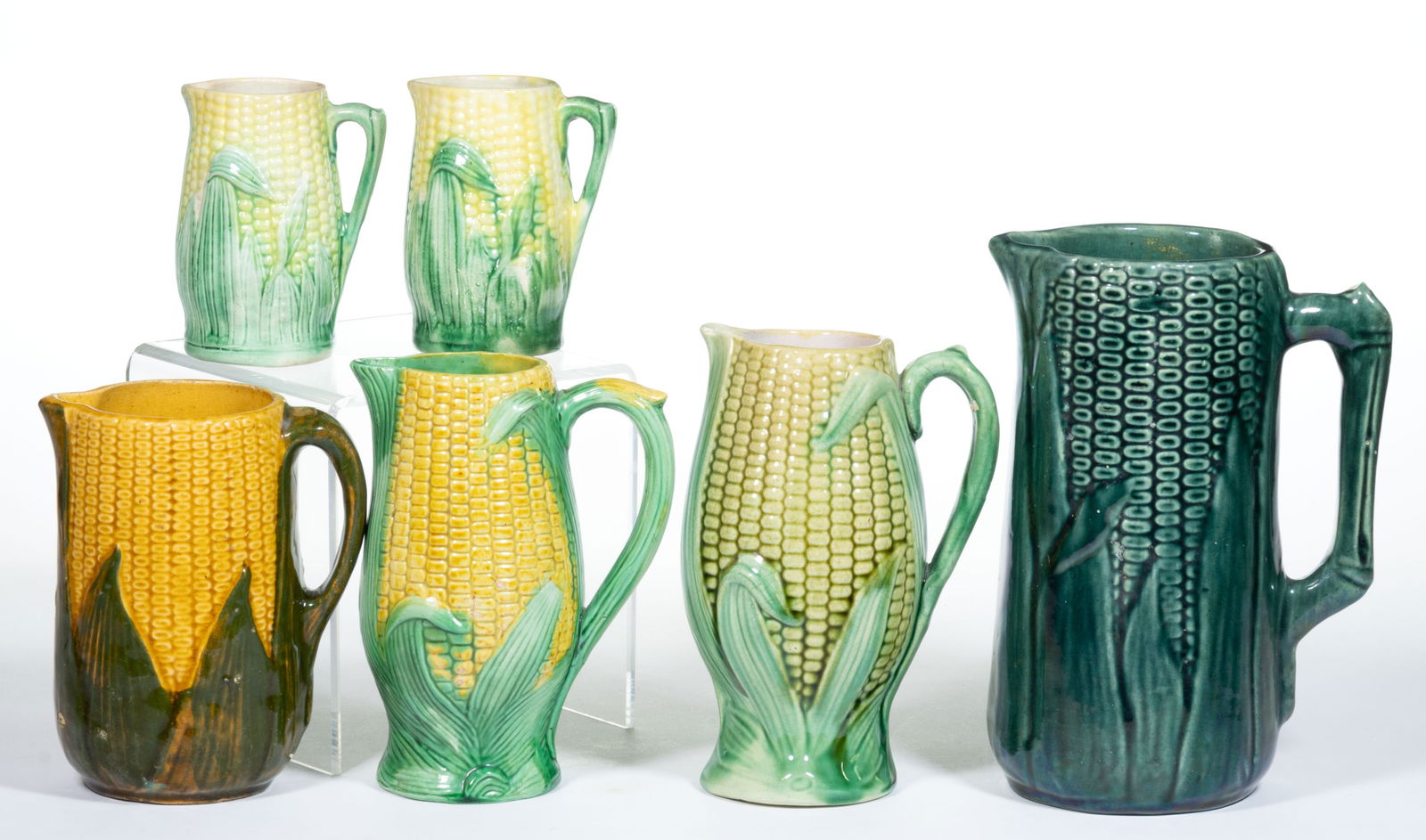 AMERICAN / CONTINENTAL MAJOLICA CERAMIC CORN PITCHERS, LOT OF SIX (1 of 1)