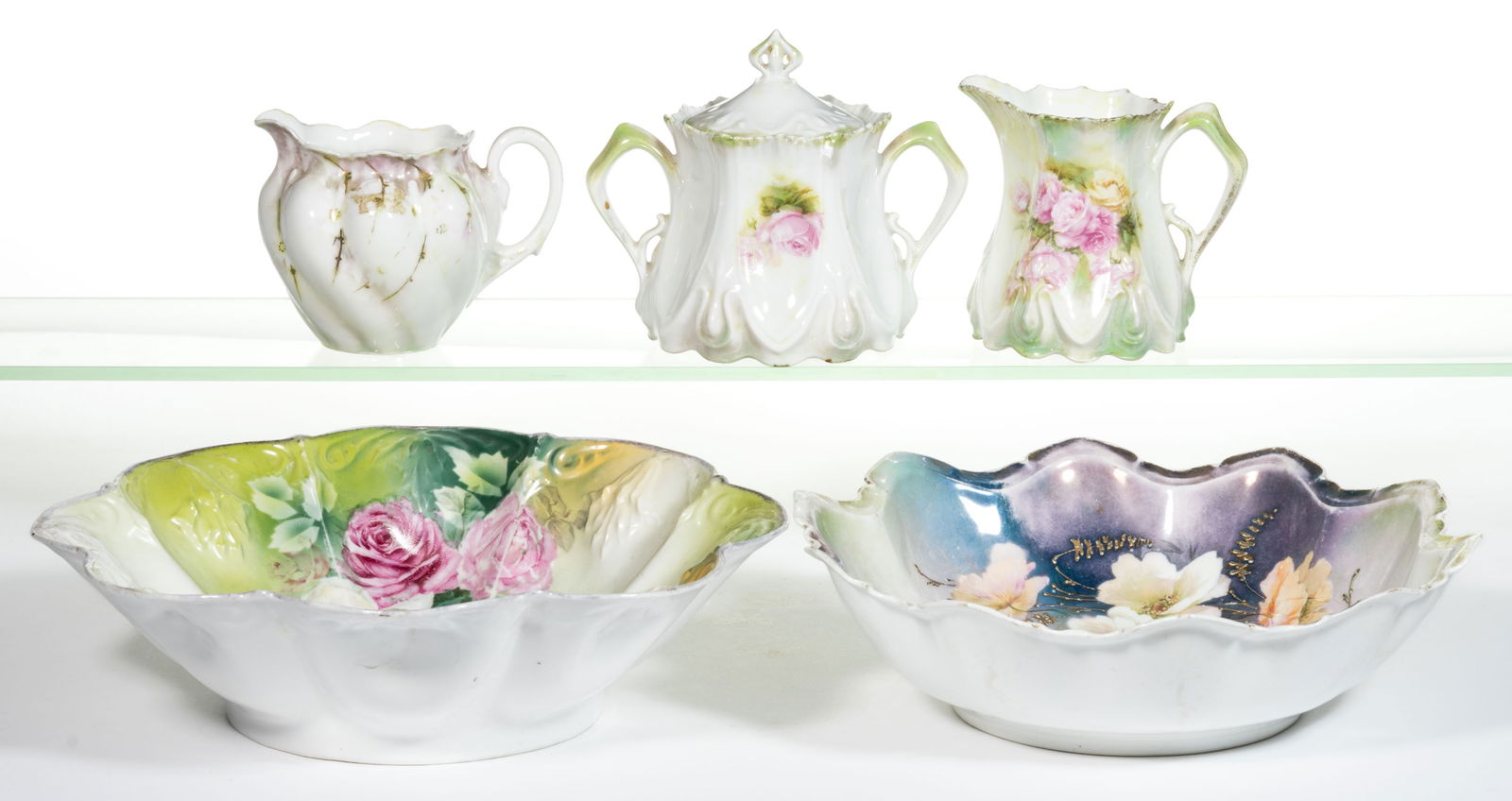 R.S. PRUSSIA PORCELAIN FLORAL MOTIF TEA AND TABLE ARTICLES, LOT OF FIVE (1 of 2)