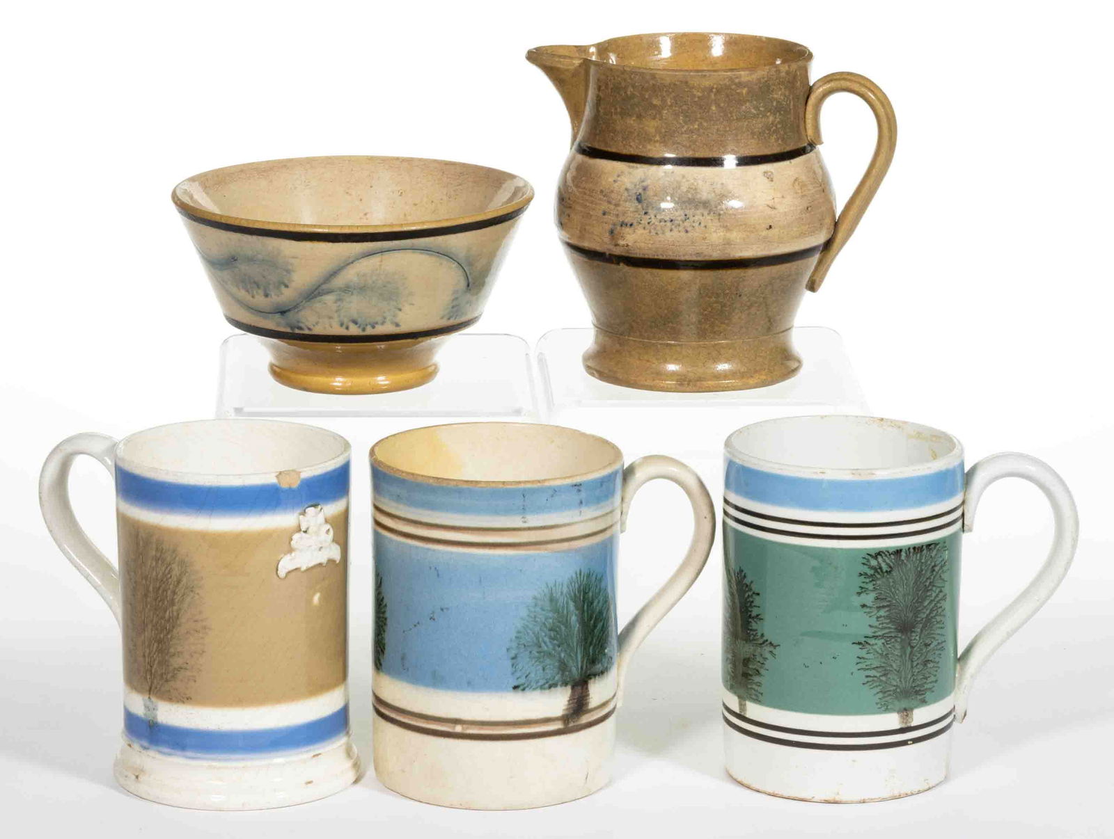 BRITISH DIPPED WARE / MOCHA CERAMIC DRINKING / TABLE ARTICLES, LOT OF FIVE (1 of 1)