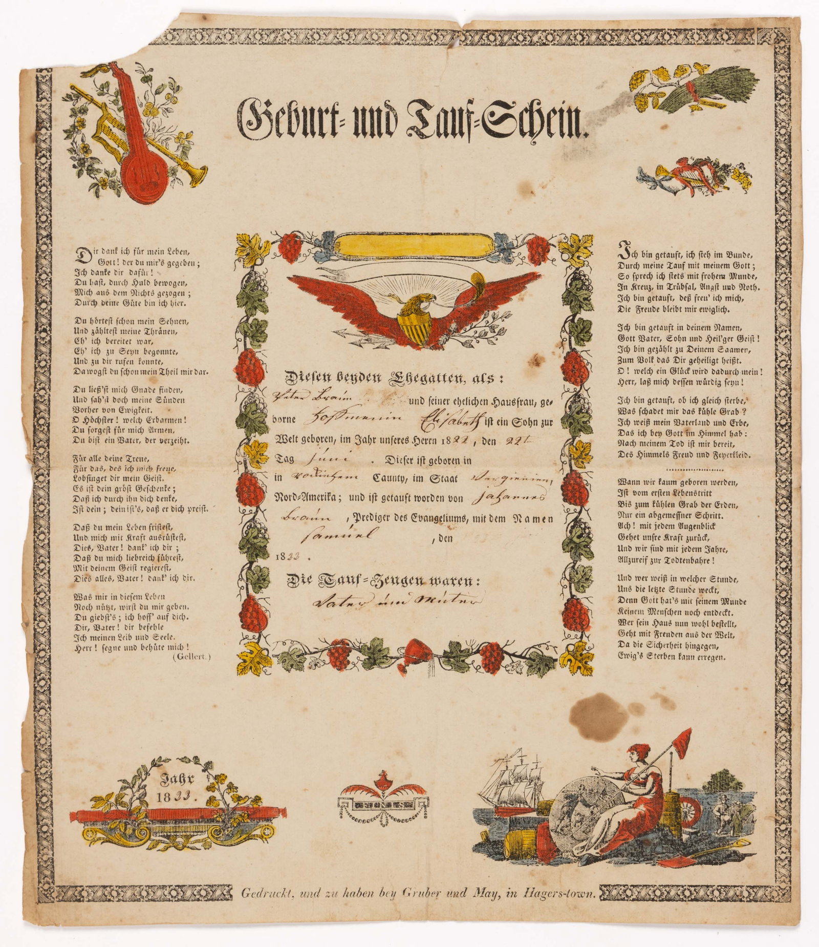 ROCKINGHAM CO., SHENANDOAH VALLEY OF VIRGINIA FRAKTUR: ROCKINGHAM CO., SHENANDOAH VALLEY OF VIRGINIA FRAKTUR, hand-colored woodblock birth record printed by Johann Gruber and Daniel May, Hagerstown, Maryland, the main text panel features a spread-wing Ame