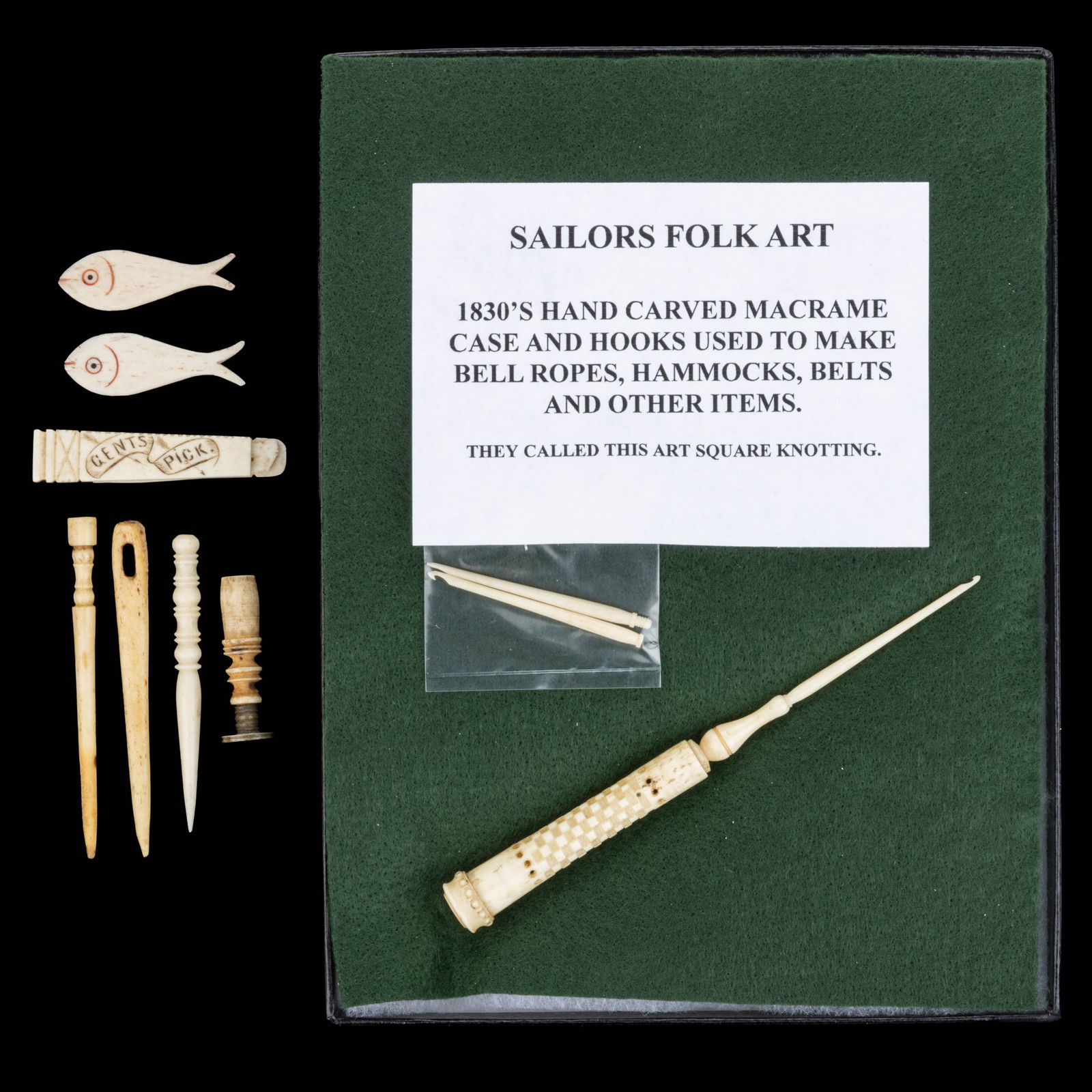 BONE / SCRIMSHAW SAILOR-MADE AND OTHER ACCOUTREMENTS, LOT OF EIGHT: BONE / SCRIMSHAW SAILOR-MADE AND OTHER ACCOUTREMENTS, LOT OF EIGHT, comprising a wax seal featuring "FAITHFULL" over a dog; a folding "Gents Pick"; two fish game pieces; a needle c