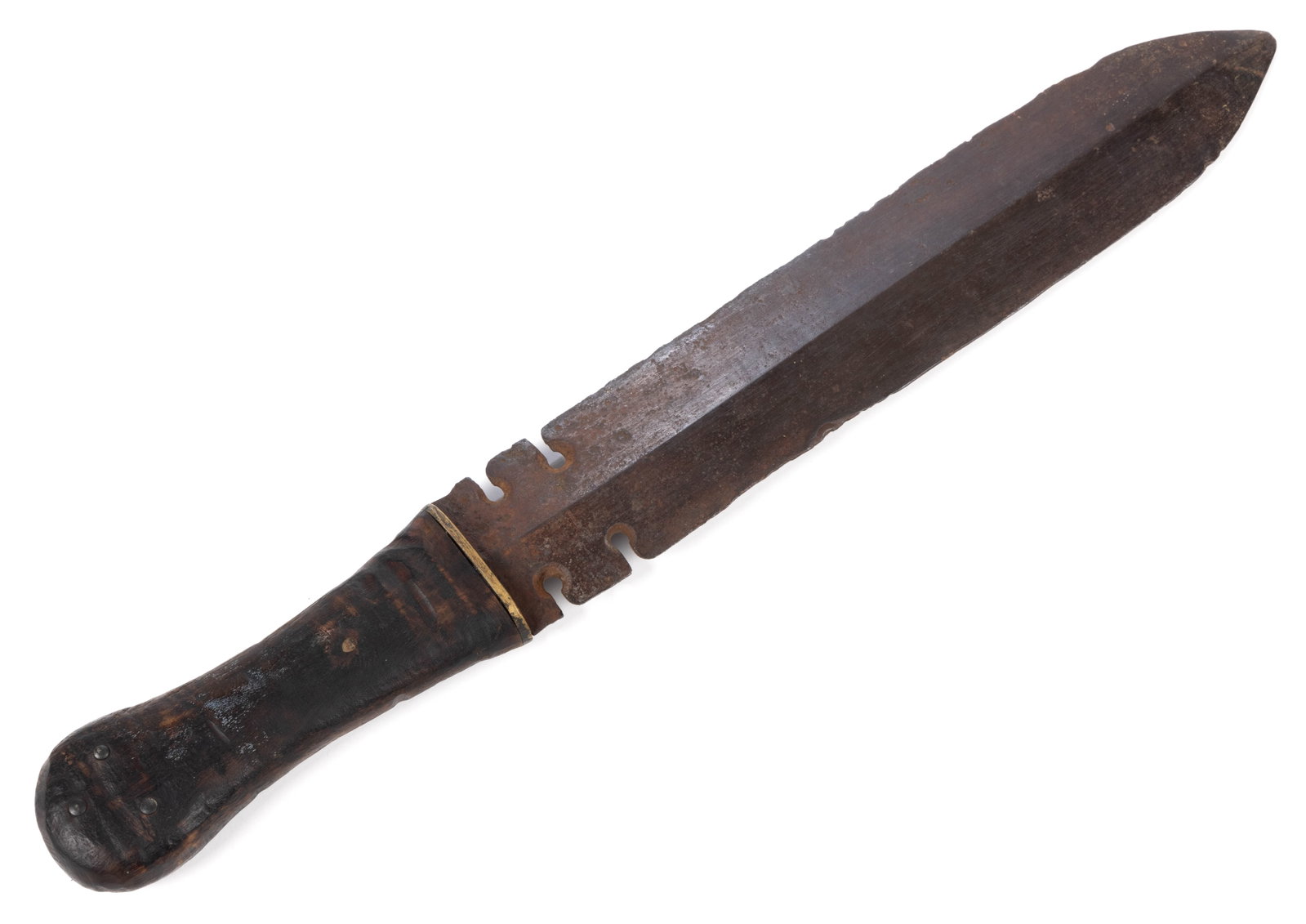 NATIVE AMERICAN DAG KNIFE: NATIVE AMERICAN DAG KNIFE, double-edge blade with central ridge and two notches forward of the handle on each side, later wooden handle. 18th/19th century. 19 1/2" LOA, 13 3/8" blade.