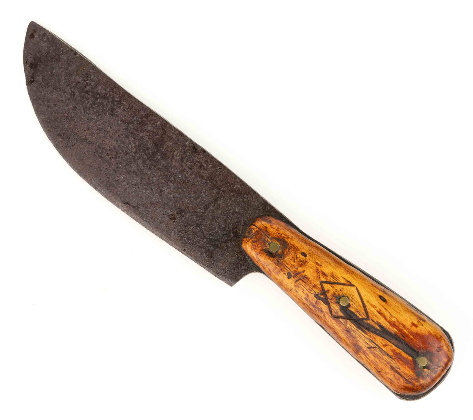 NATIVE AMERICAN TRADE KNIFE: NATIVE AMERICAN TRADE KNIFE, straight-back blade, unmarked, replaced handle grips made by Shenandoah Valley folk carver John D. Heatwole (1948-2006). Found under a house in Waynesboro, VA. Late 18th/f