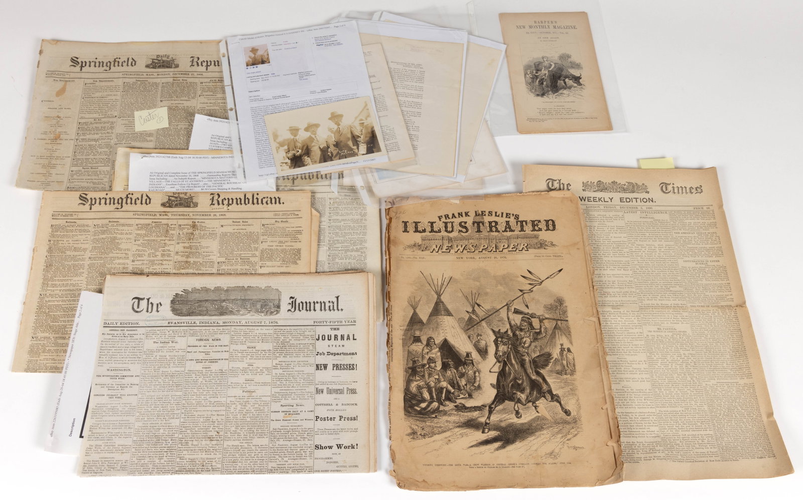 INDIAN WARS PRINTED MATERIAL, UNCOUNTED LOT: INDIAN WARS PRINTED MATERIAL, UNCOUNTED LOT, including assorted newspapers with accounts; Special Orders; Massacre of Troops Near Fort Phil Kearny, Congressional report; and a photo of 