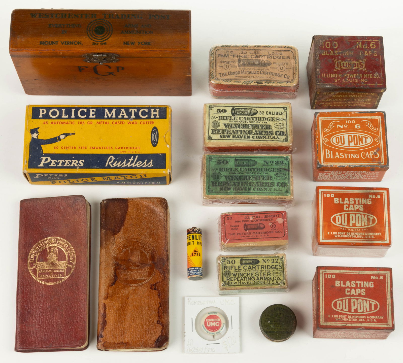 ANTIQUE / VINTAGE FIREARMS AND EXPLOSIVES ARTICLES, LOT OF 16: ANTIQUE / VINTAGE FIREARMS AND EXPLOSIVES ARTICLES, LOT OF 16, comprising three Winchester rifle cartridge boxes, two Peters and a Union Metallic cartridge boxes, four Dupont blasting caps tin boxes,