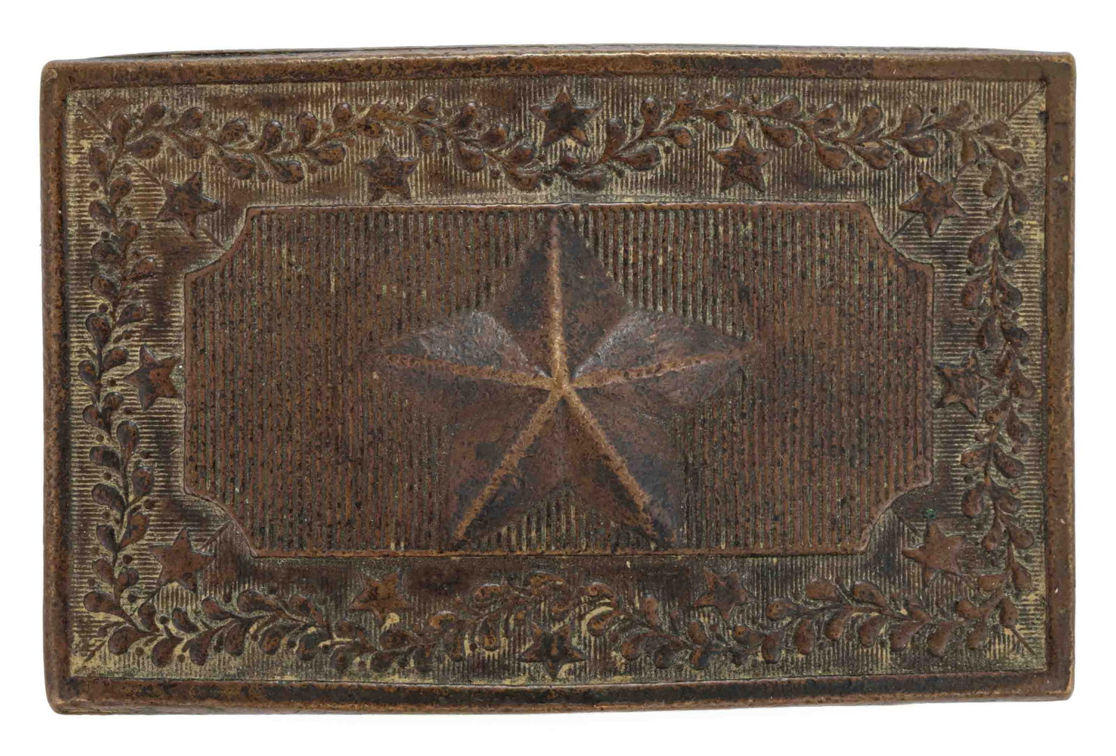 POST-WAR MISSISSIPPI MILITIA BELT PLATE: POST-WAR MISSISSIPPI MILITIA BELT PLATE, rectangular cast-brass form featuring a central five-point star on a lined panel surrounded by a star-and-vine border, reverse embossed with a large "