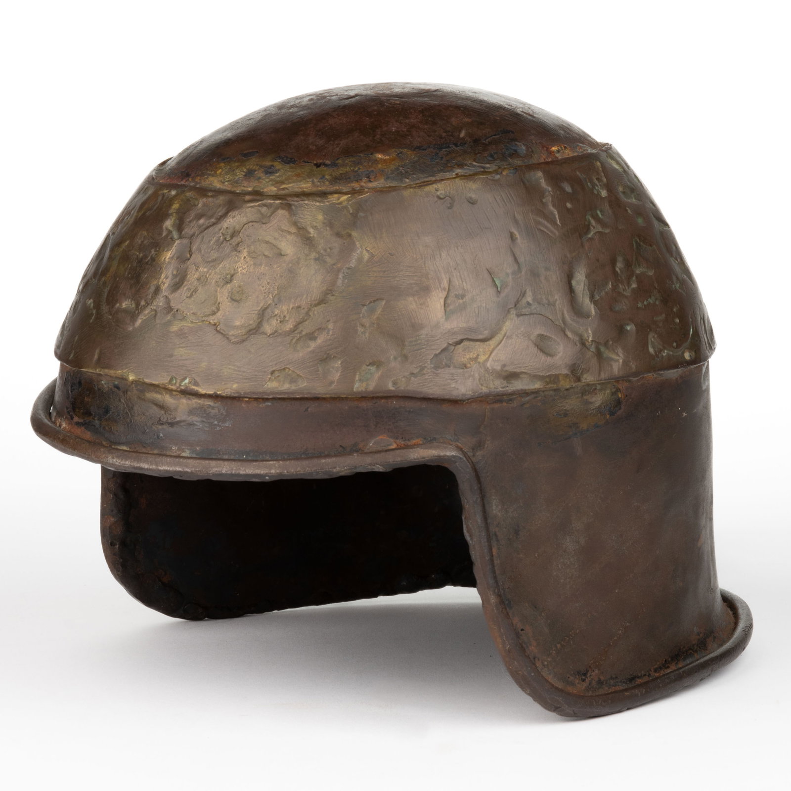 MEDIEVAL-STYLE IRON WARRIOR'S HELMET: MEDIEVAL-STYLE IRON WARRIOR'S HELMET, with rolled rim and what appears to be an applied textured bronze band, interior with an iron liner. Undetermined age. 7 1/2" H, 8 1/4" x 9&quo