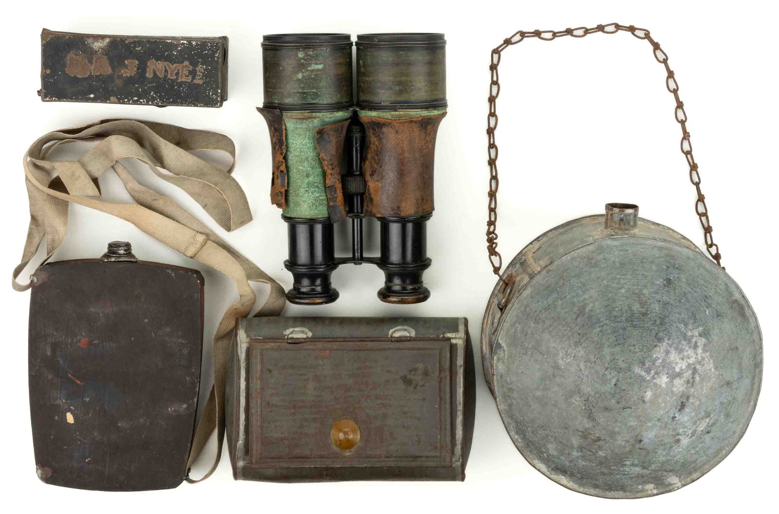 ASSORTED MILITARY AND OTHER TIN CONTAINERS, LOT OF FOUR: ASSORTED MILITARY AND OTHER TIN CONTAINERS, LOT OF FOUR, comprising two canteens, a hinged-lid box, and a small rectangular box scratched "Dr. J. Nye". Together with a pair of William Senter