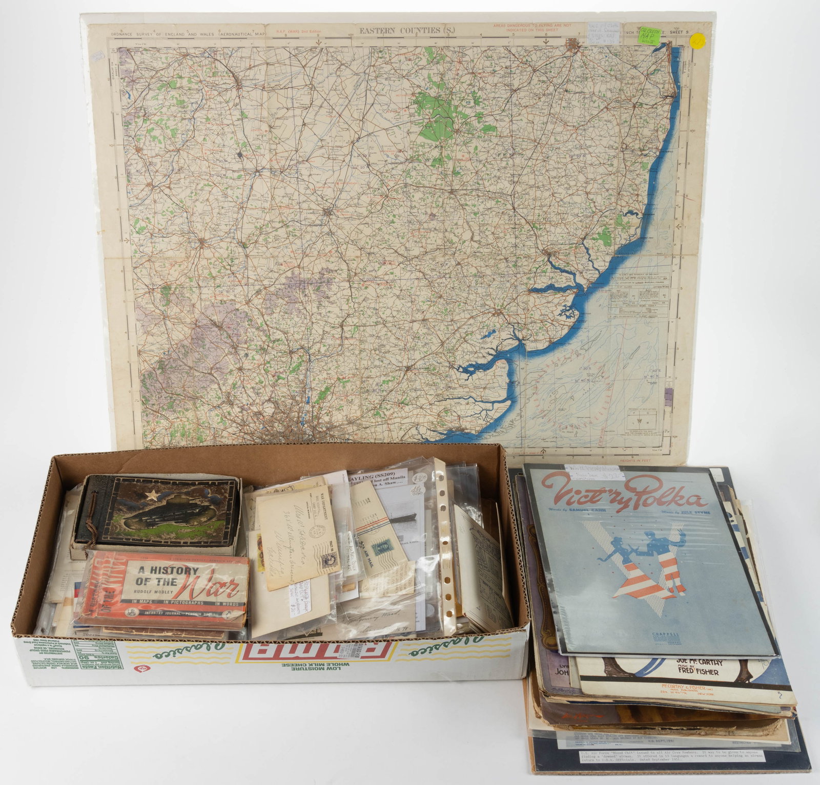 ASSORTED MILITARY PAPER / EPHEMERA, UNCOUNTED LOT: ASSORTED MILITARY PAPER / EPHEMERA, UNCOUNTED LOT, including World War I / WWII drawings/sketches by Cpl. Jim Hatcher; postal covers; sheet music; printed materials; etc. Mostly WWI and WWII. Var